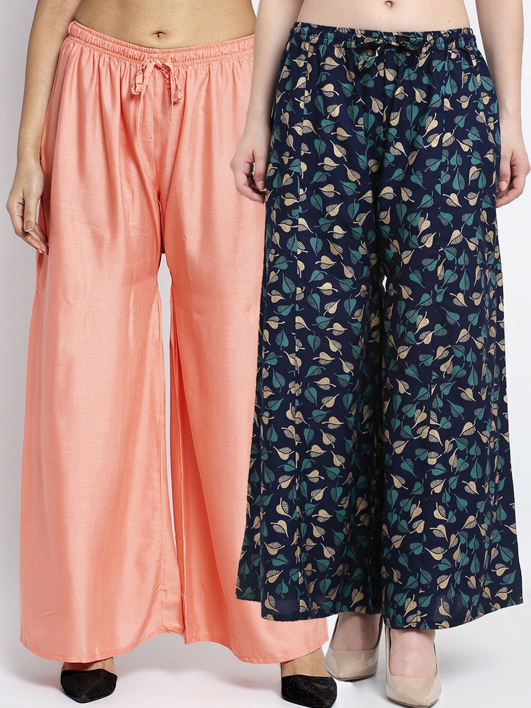 

Jinfo Women Peach-Coloured & Navy Blue 2 Floral Printed Flared Ethnic Palazzos