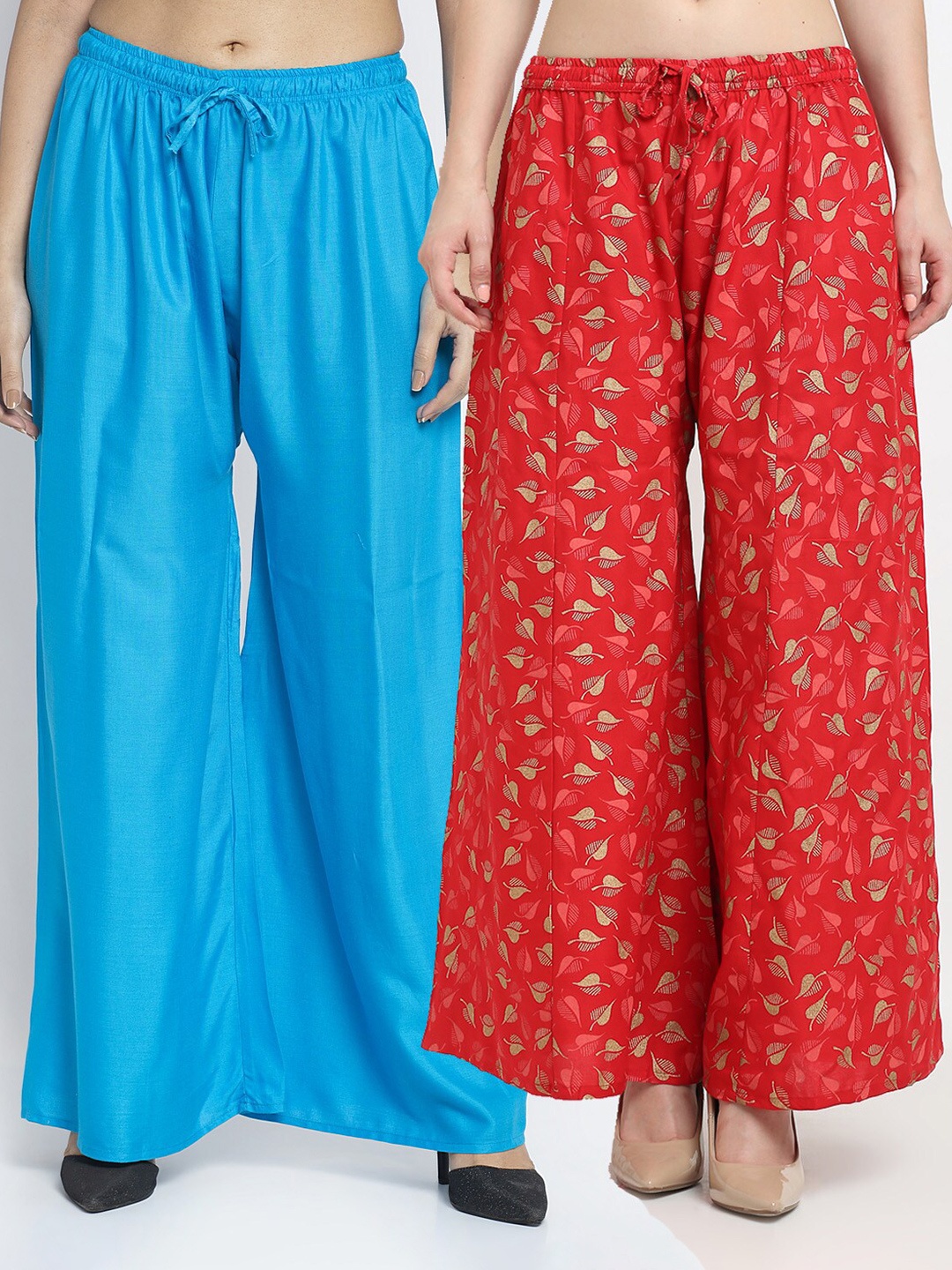 

Jinfo Women Blue & Red 2 Printed Flared Knitted Ethnic Palazzos