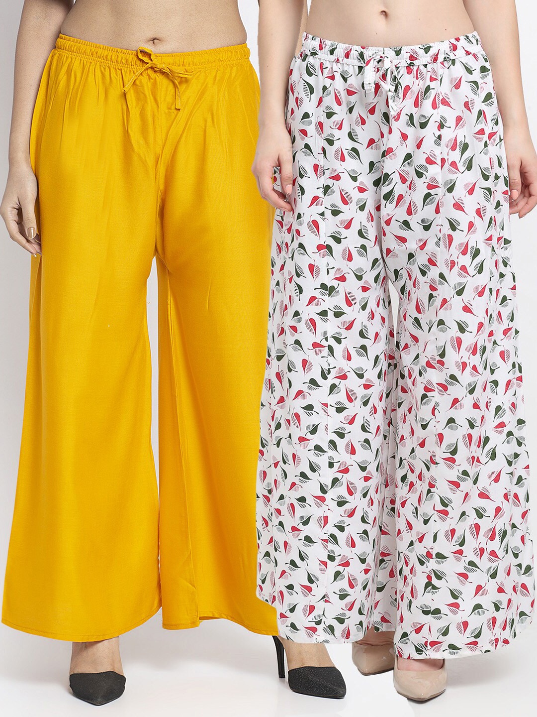 

Jinfo Women Yellow & White 2 Printed Flared Knitted Ethnic Palazzos