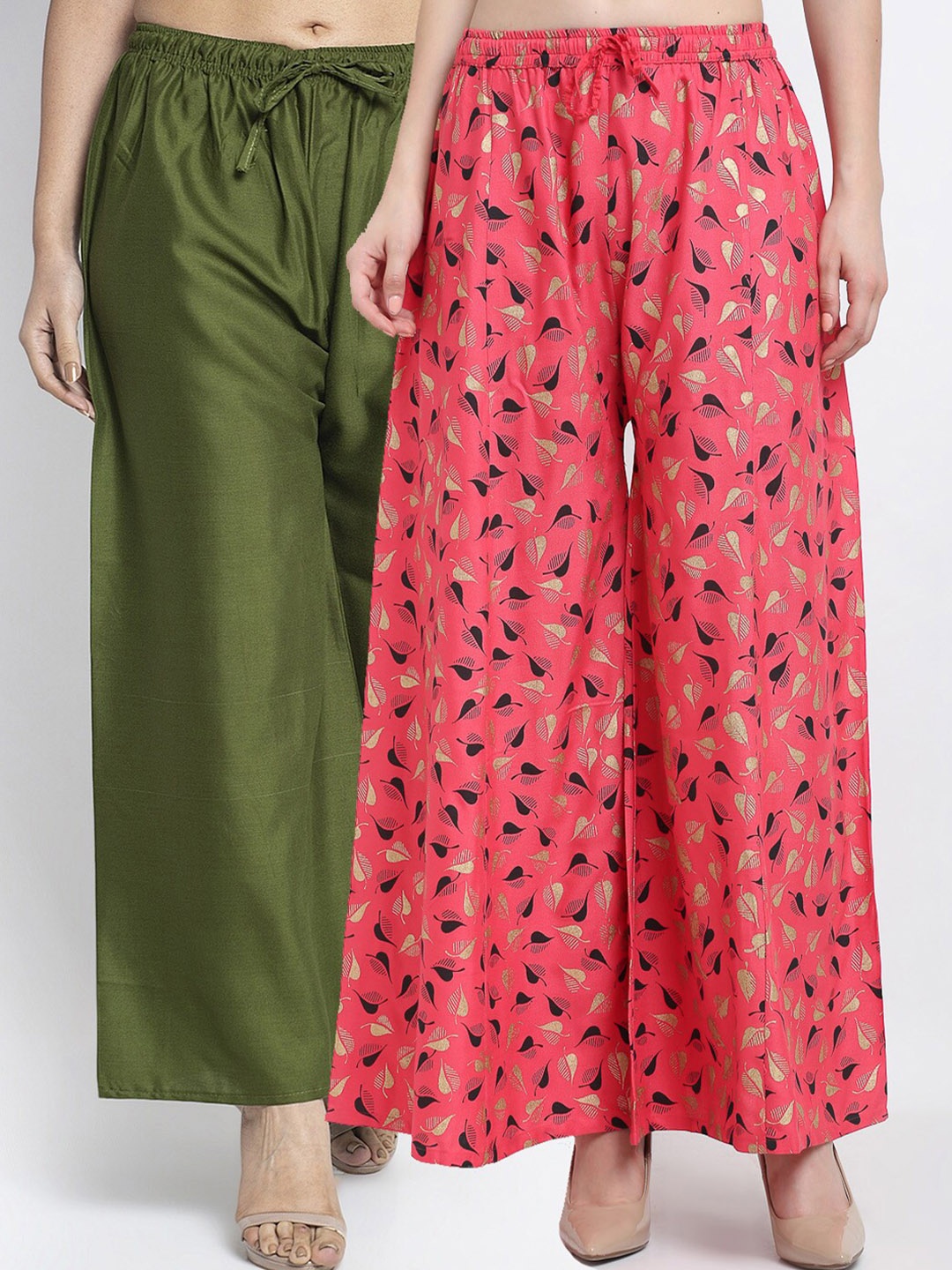 

Jinfo Women Green & Pink 2 Printed Flared Knitted Ethnic Palazzos