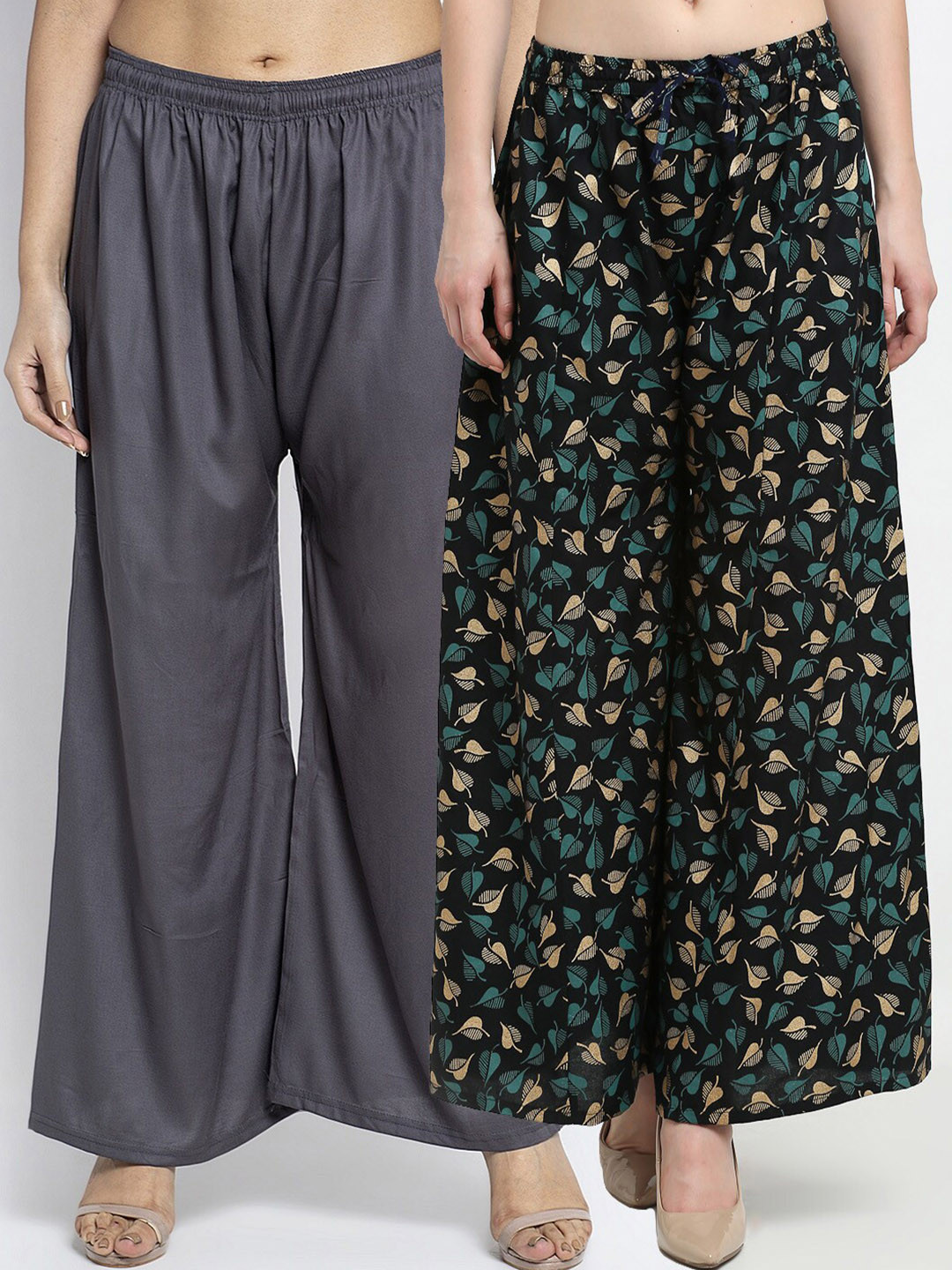 

Jinfo Women Grey & Black Printed Flared Knitted Ethnic Palazzos Set Of 2