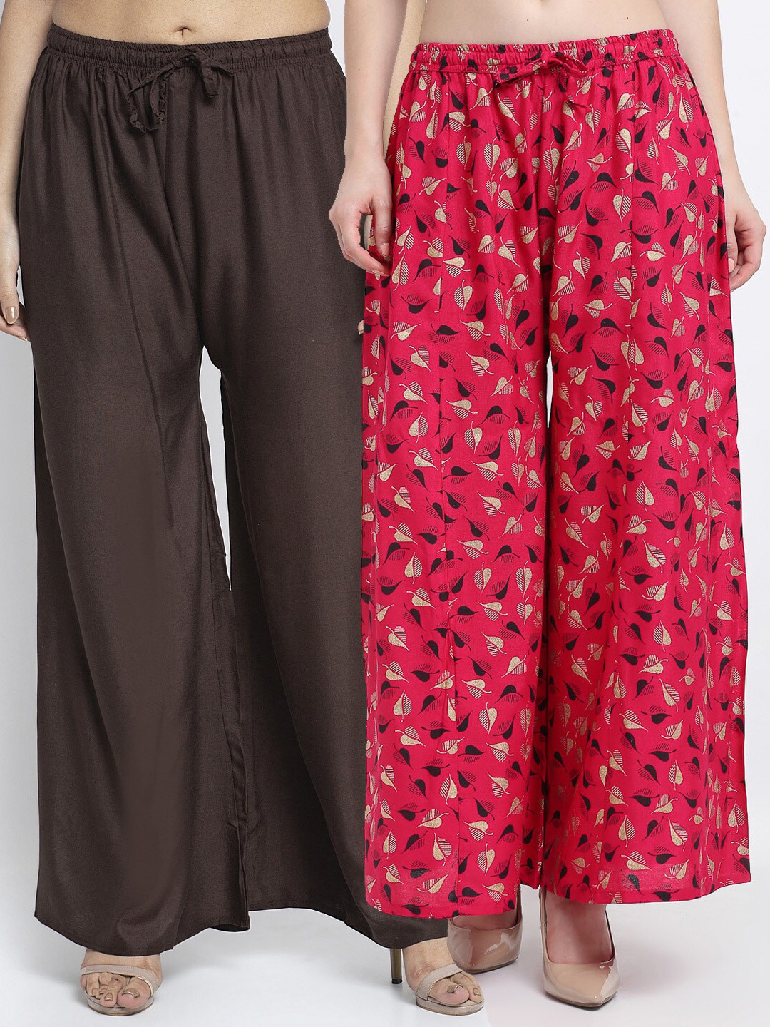 

Jinfo Women Brown & Magenta 2 Printed Flared Knitted Ethnic Palazzos