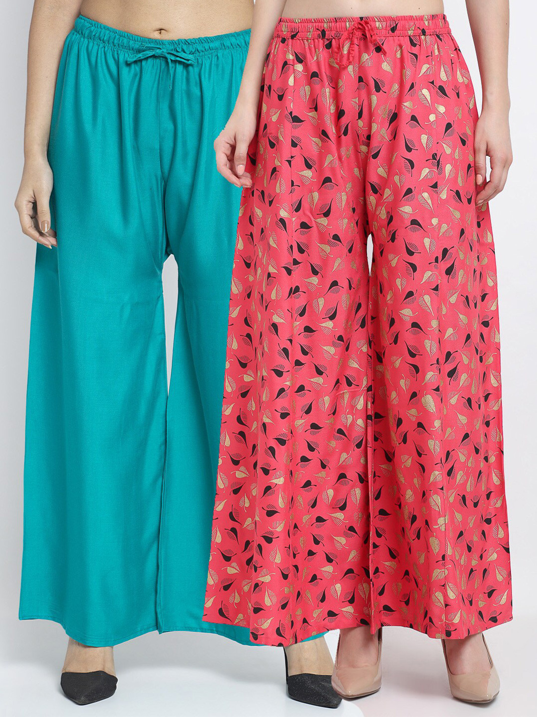 

Jinfo Women Sea Green & Peach-Coloured Printed Flared Knitted Ethnic Palazzos Set Of 2