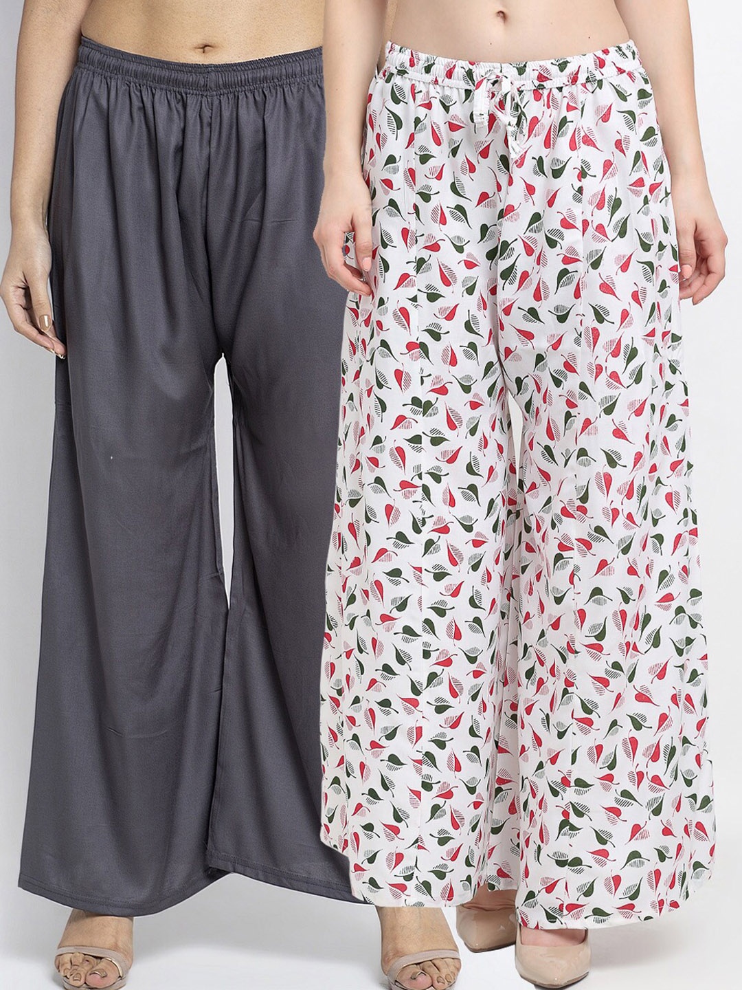

Jinfo Women Grey & White 2 Printed Flared Knitted Ethnic Palazzos