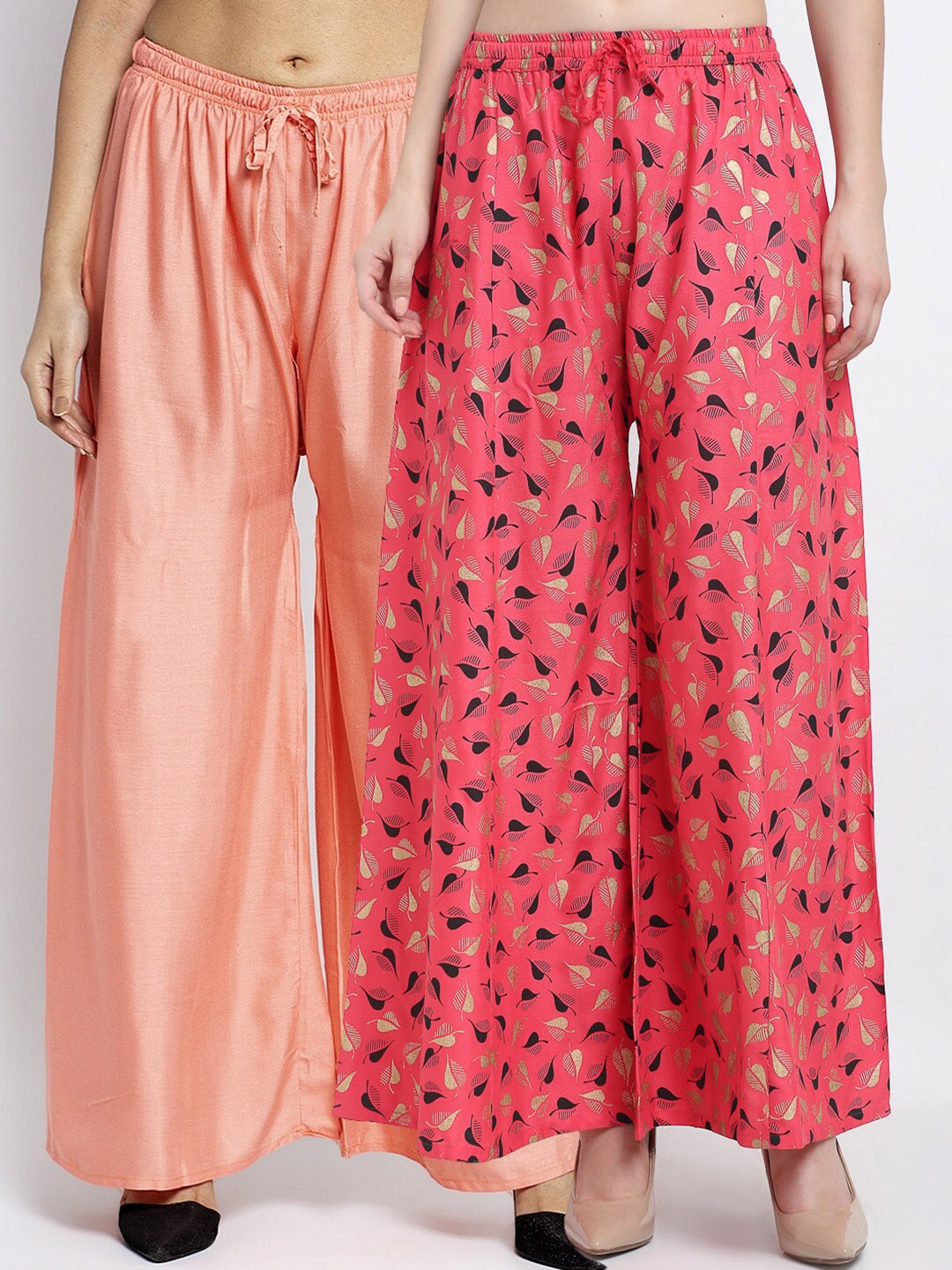 

Jinfo Women Peach-Coloured & Black 2 Floral Printed Flared Ethnic Palazzos