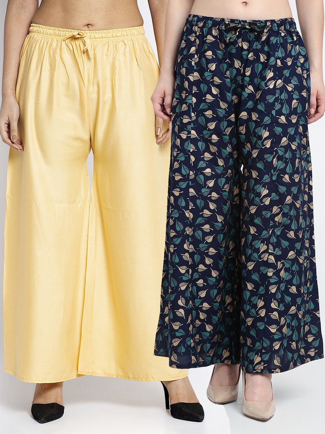 

Jinfo Women Beige & Navy Blue Printed Flared Knitted Ethnic Palazzos Set of 2
