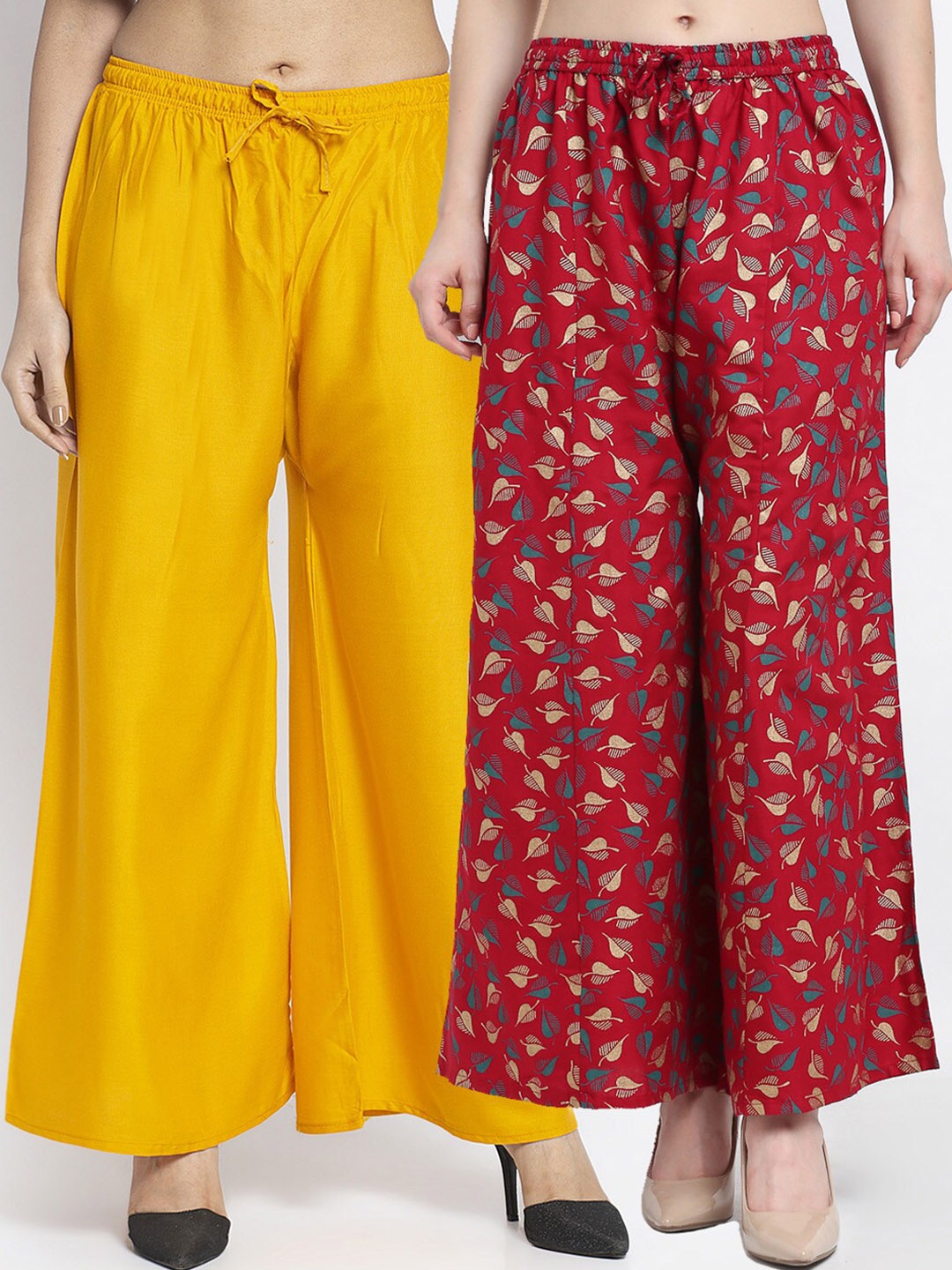 

Jinfo Women Yellow & Maroon 2 Printed Flared Knitted Ethnic Palazzos