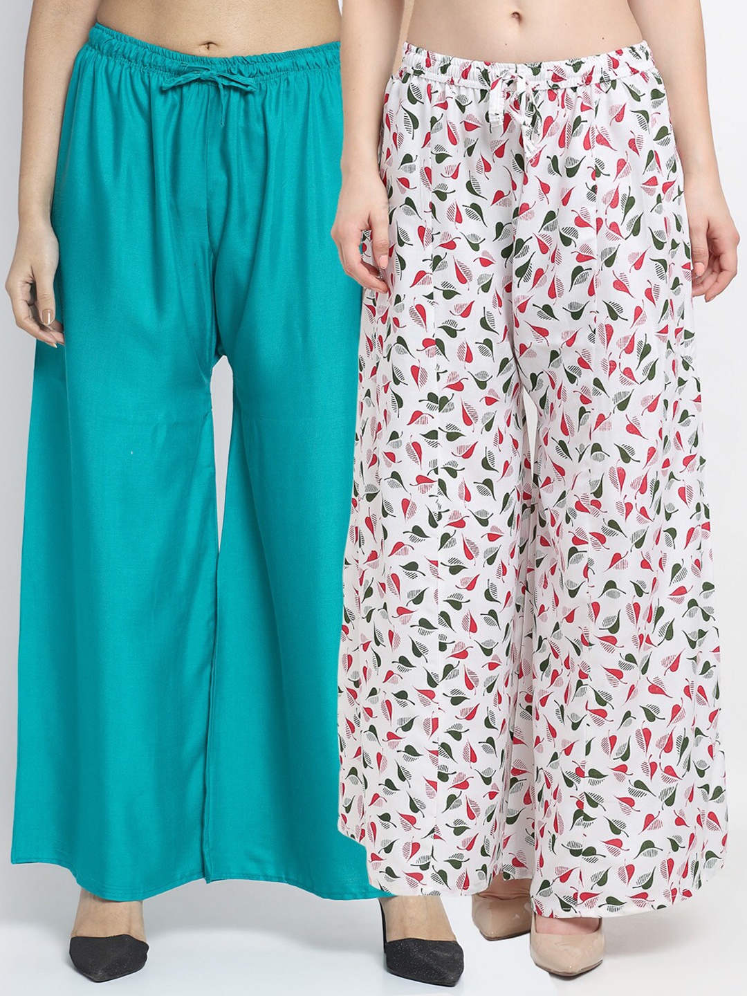 

Jinfo Women Sea Green & White Printed Flared Knitted Ethnic Palazzos Set Of 2