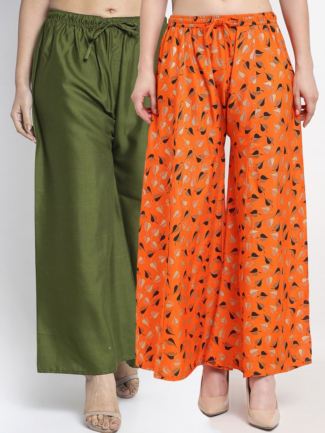 

Jinfo Women Green & Orange 2 Printed Flared Knitted Ethnic Palazzos