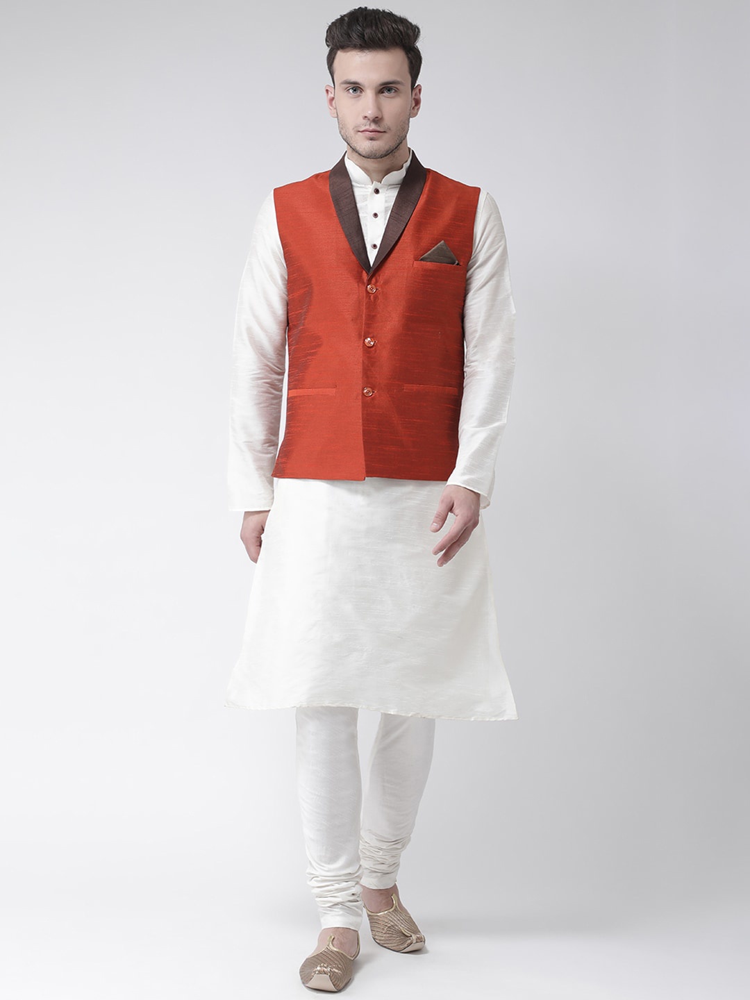 

DEYANN Men Orange Layered Dupion Silk Kurta with Pyjamas