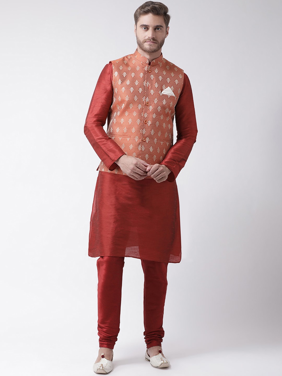 

DEYANN Men Orange Floral Layered Dupion Silk Kurta with Churidar