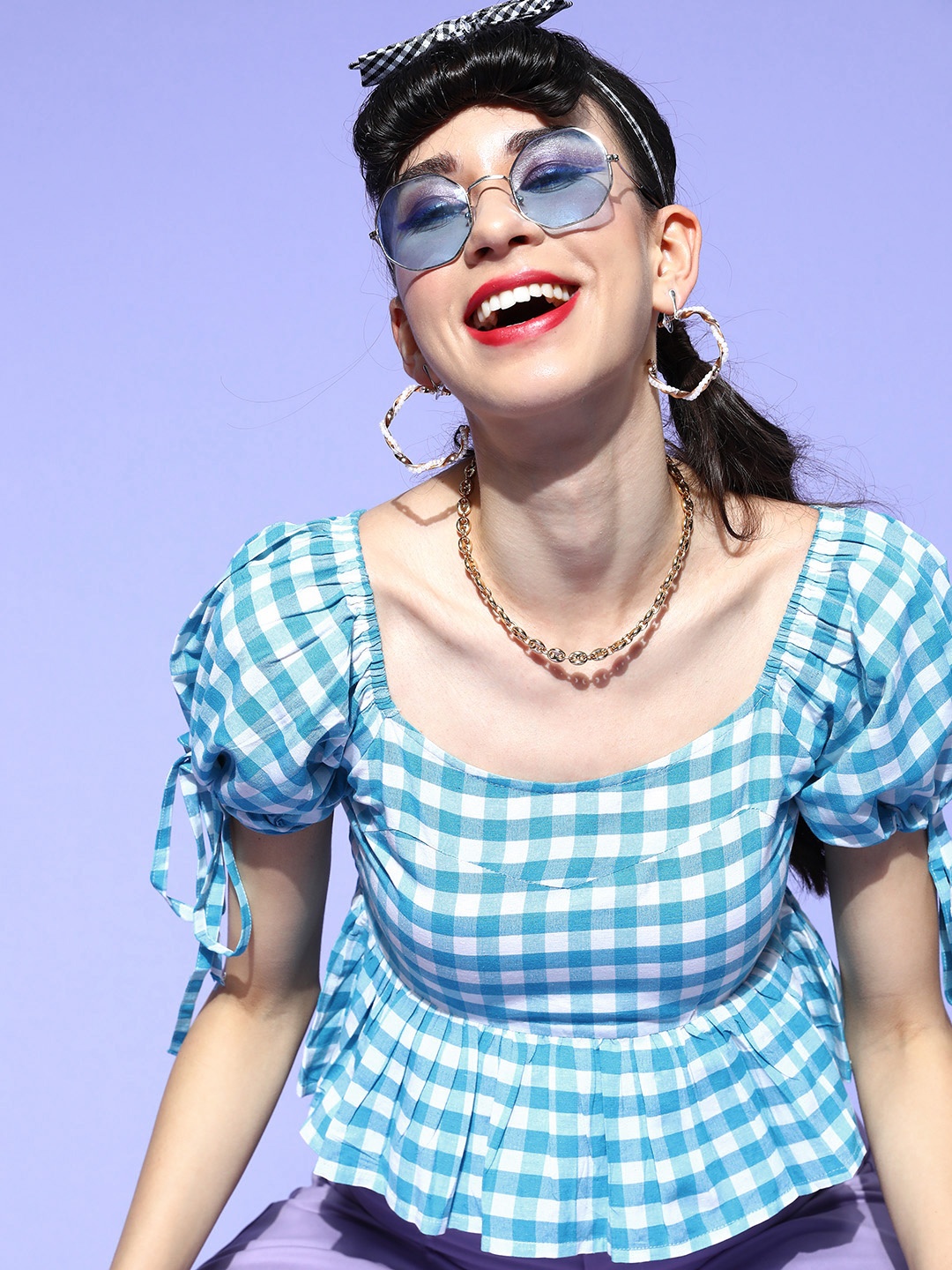 

plusS Women Blue & White Pure Cotton Summer Checks Peplum Top