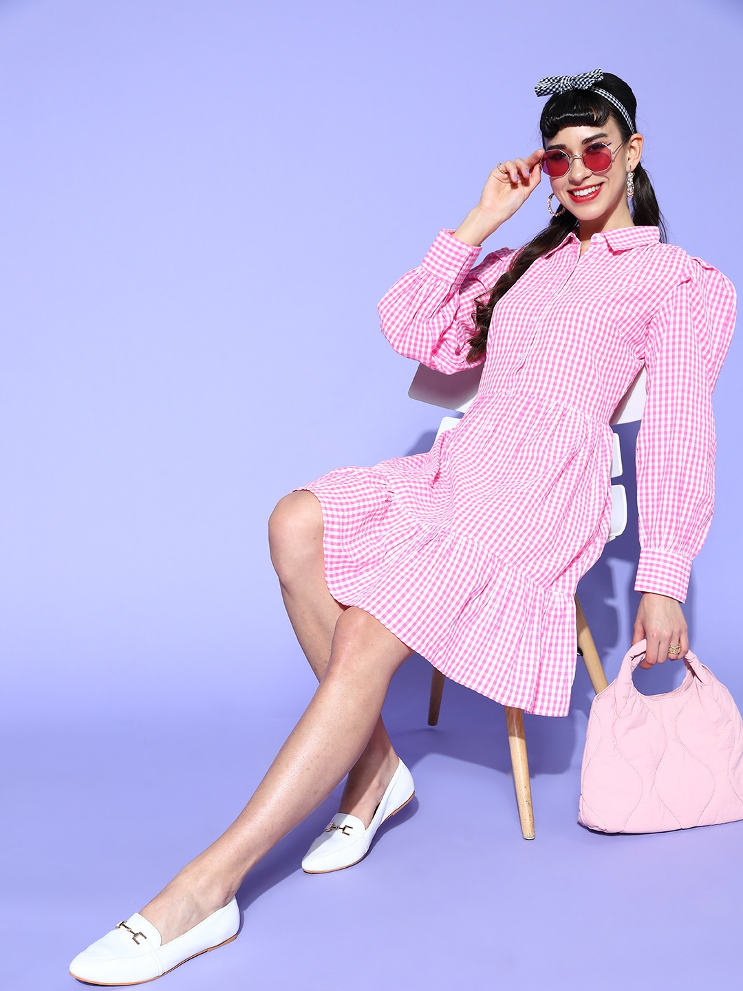 

plusS Women Pink & White Pure Cotton Checked A-Line Puff Sleeves Dress