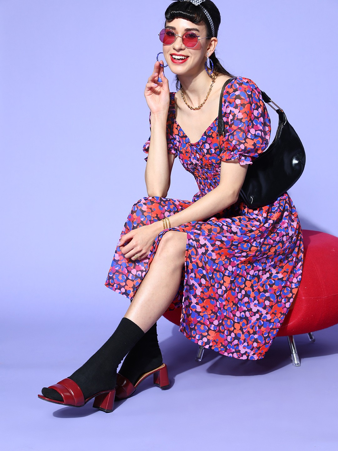 

plusS Women Blue & Red Polka Dot Print Georgette A-Line Puff Sleeves Dress