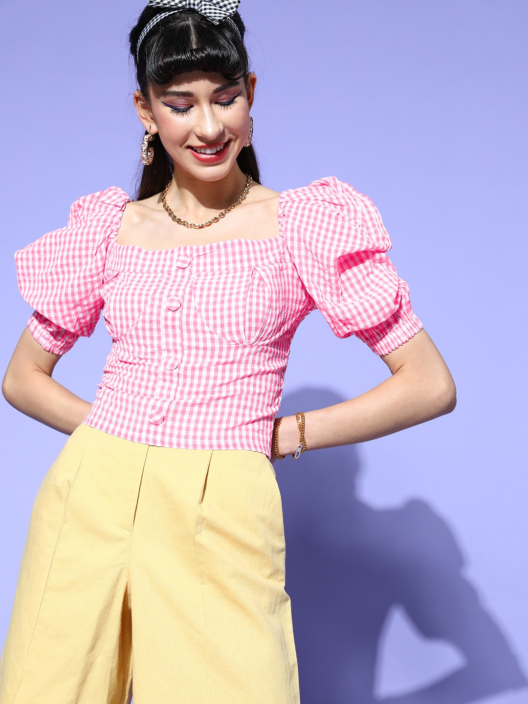 

plusS Women Pink & White Pure Cotton Summer Checks Puff Sleeves Top