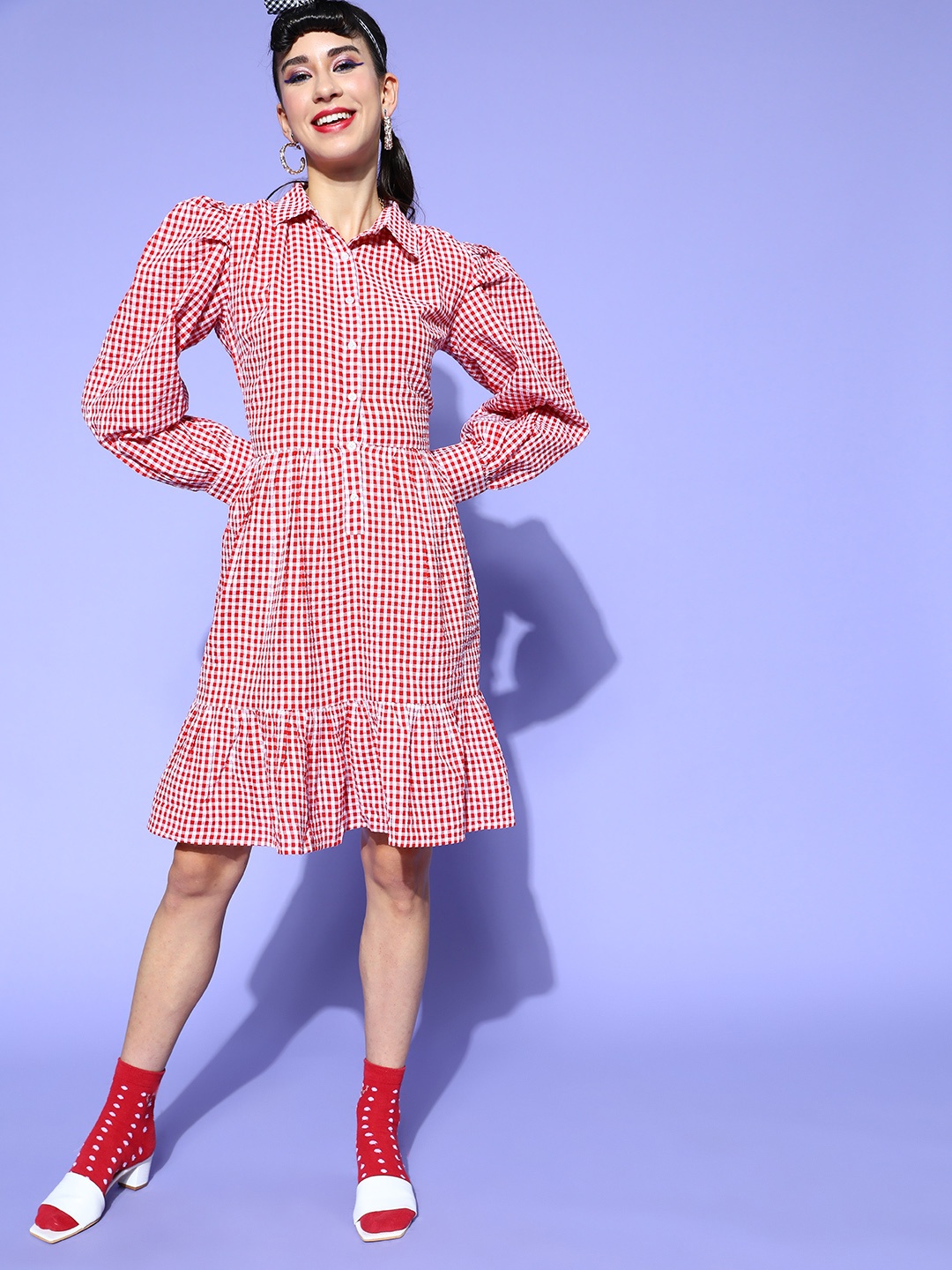 

plusS Women Red & White Pure Cotton Checked A-Line Puff Sleeves Dress