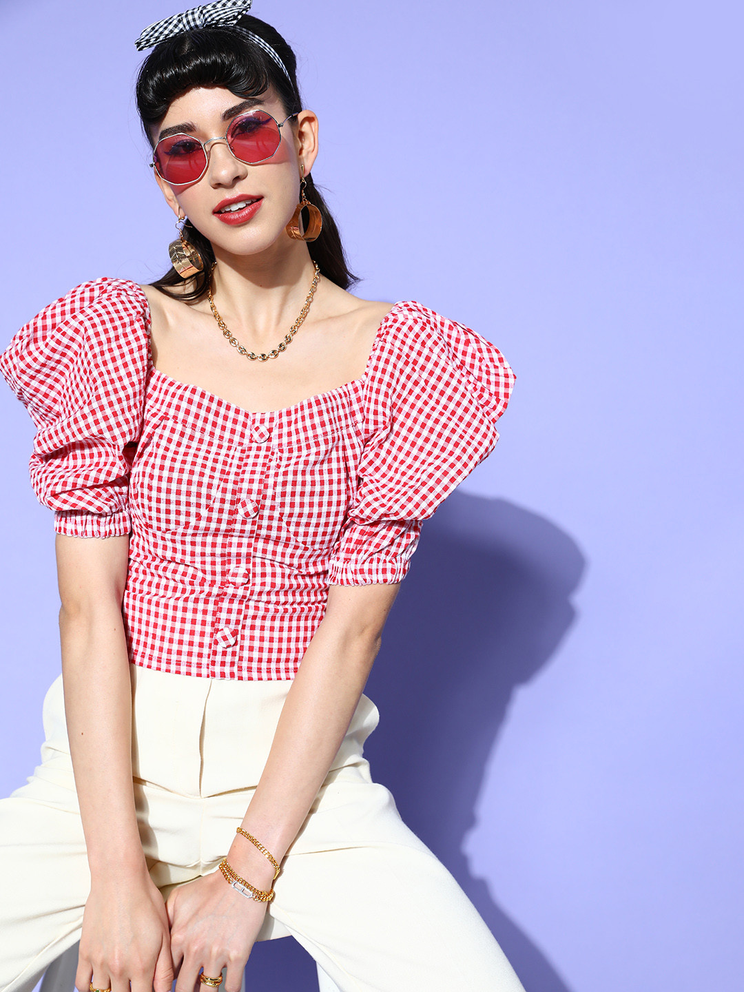 

plusS Women Red & White Pure Cotton Summer Checks Sweetheart Neck Puff Sleeves Top
