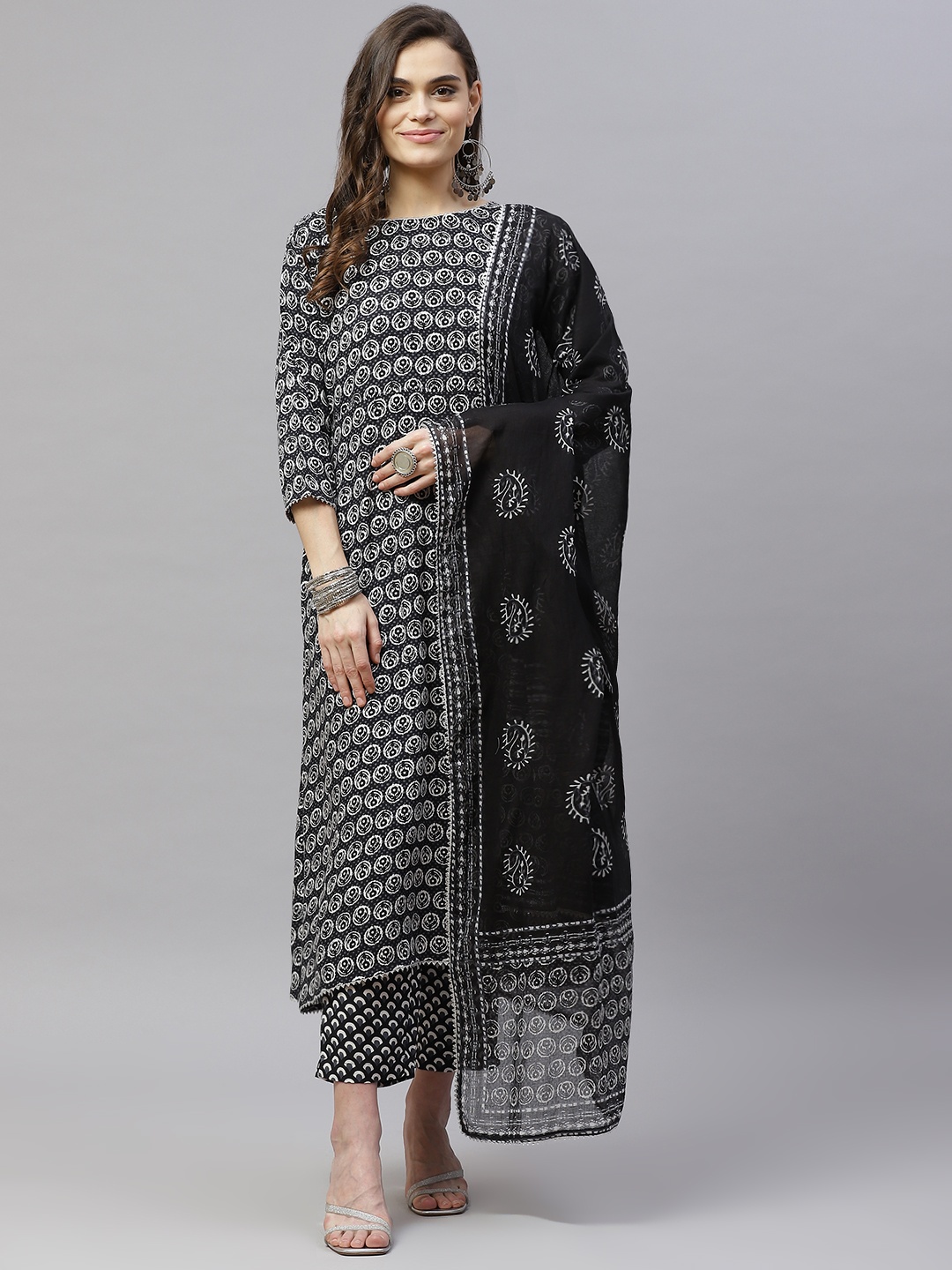 

Indibelle Women Black Printed Pure Cotton Kurta with Trousers & With Dupatta