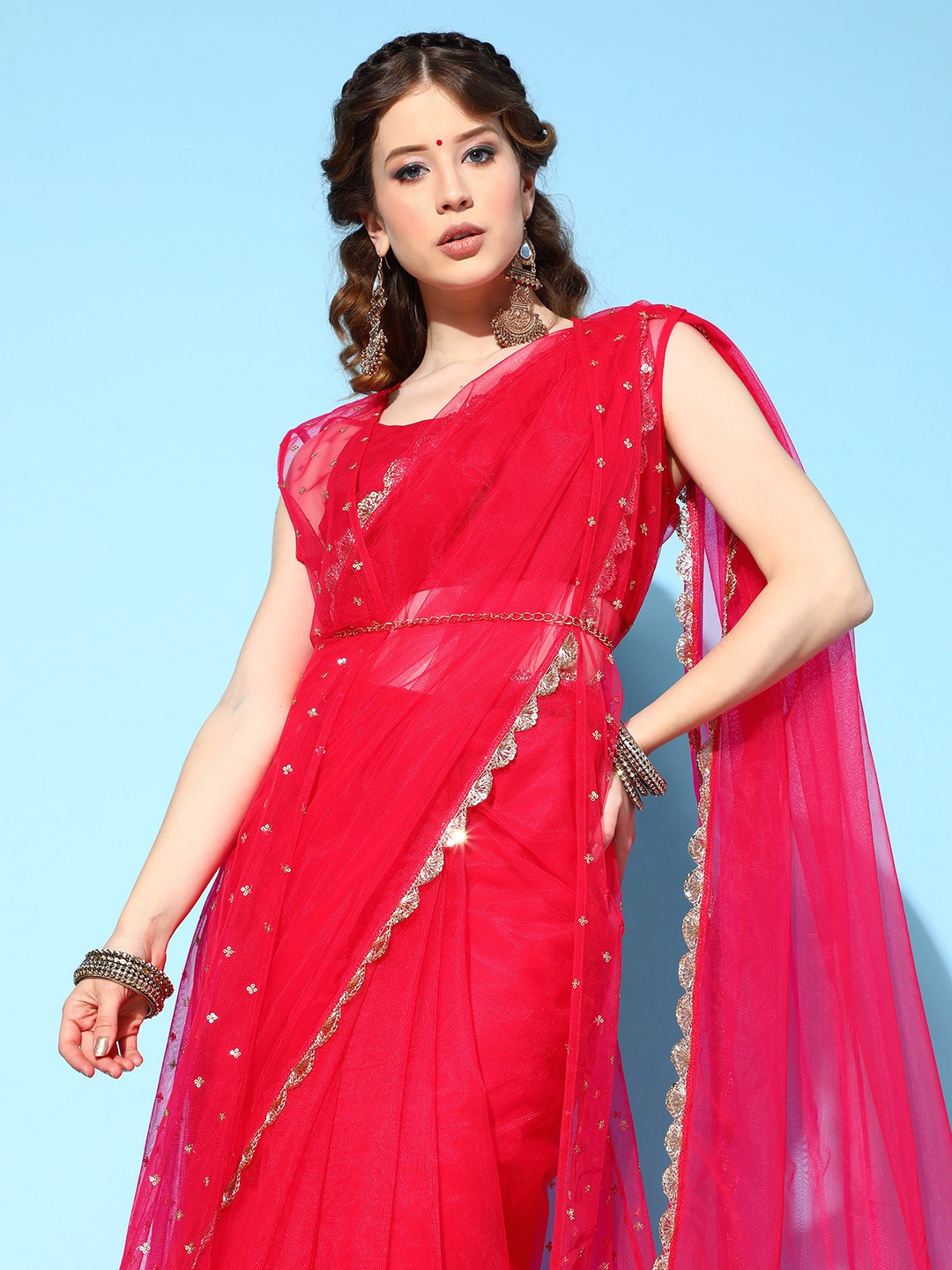 

Inddus Women Magenta Pink Sequinned Net Saree with Blouse Piece