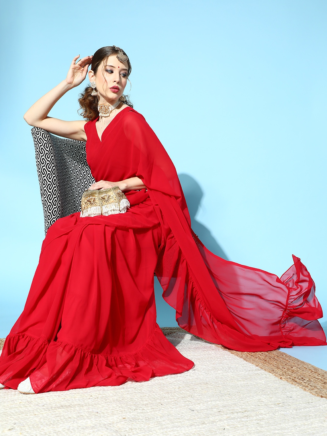 

Inddus Solid Saree with Border, Red