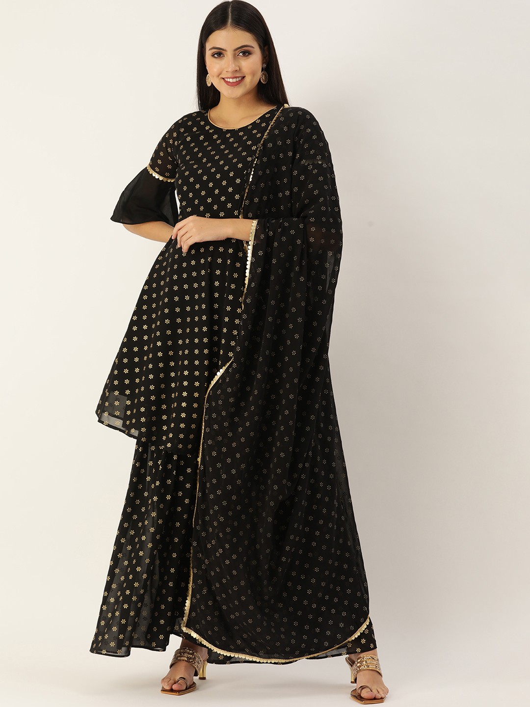 

SWAGG INDIA Women Black Ethnic Motifs Printed Empire Kurta with Sharara & With Dupatta