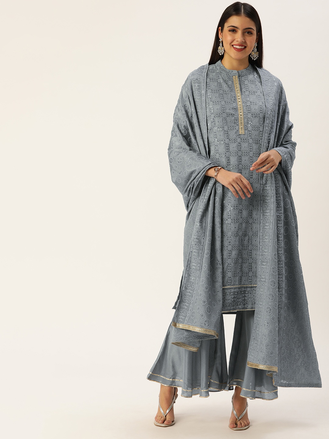 

SWAGG INDIA Women Grey Ethnic Motifs Embroidered Chikankari Kurta with Sharara & With Dupatta