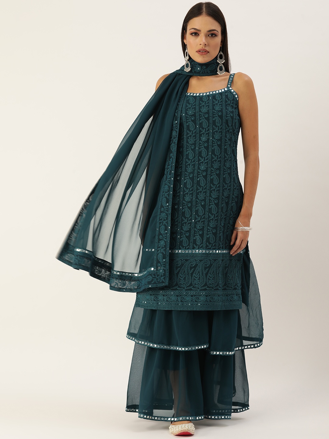 

SWAGG INDIA Women Blue Ethnic Motifs Embroidered Chikankari Kurta with Sharara & With Dupatta