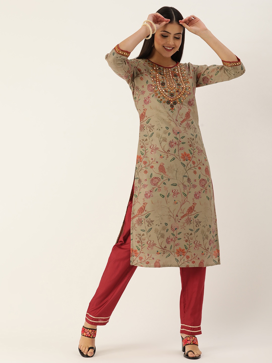 

SWAGG INDIA Women Taupe Ethnic Motifs Embroidered Gotta Patti Kurta with Trousers