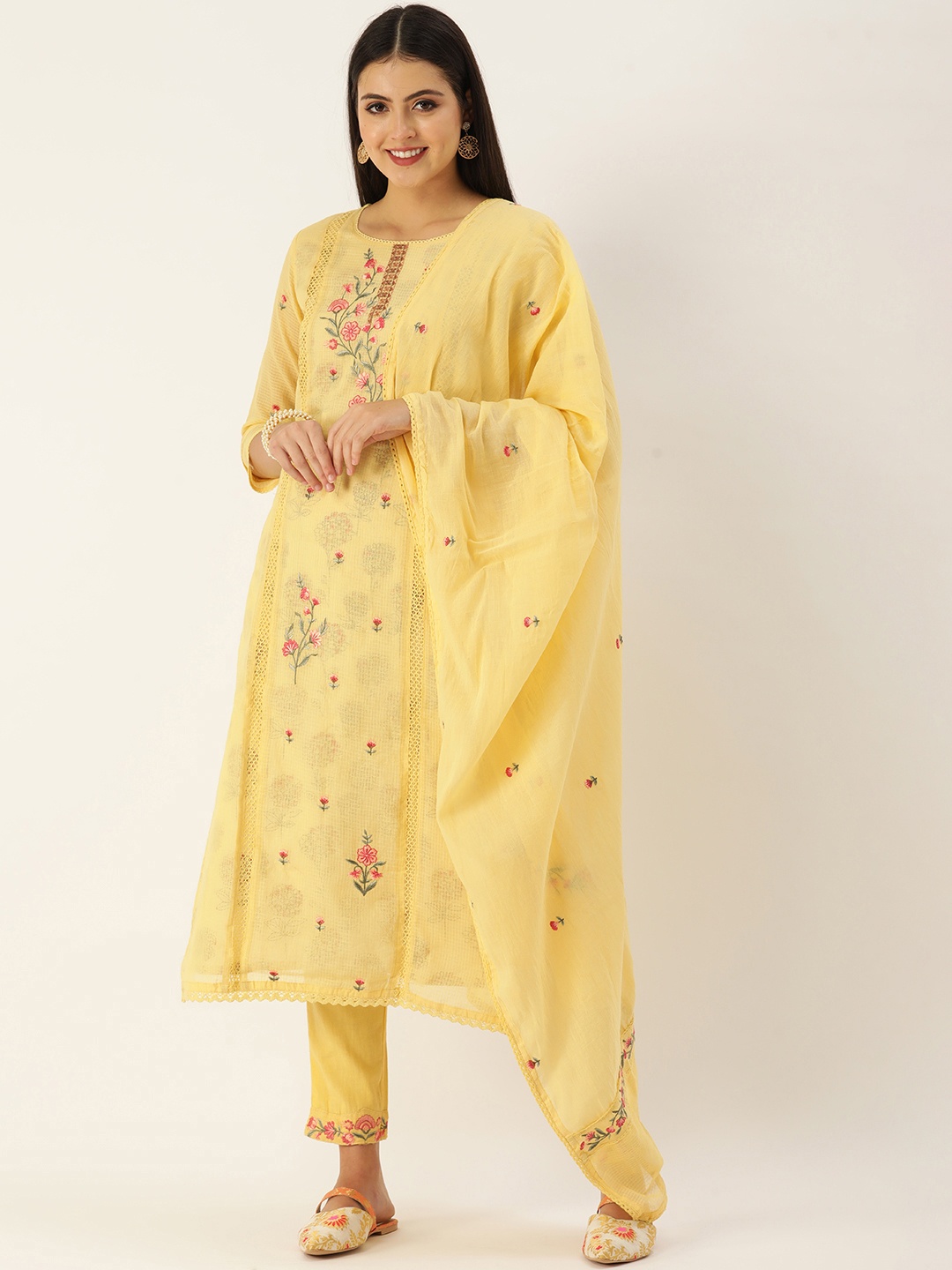 

SWAGG INDIA Women Yellow Ethnic Motifs Embroidered Thread Work Kurta with Trousers & With Dupatta