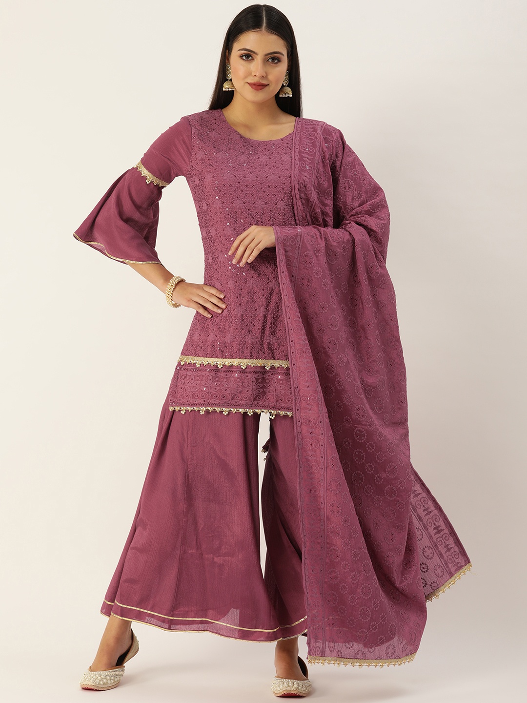 

SWAGG INDIA Women Purple Ethnic Motifs Embroidered Chikankari Kurta with Sharara & With Dupatta