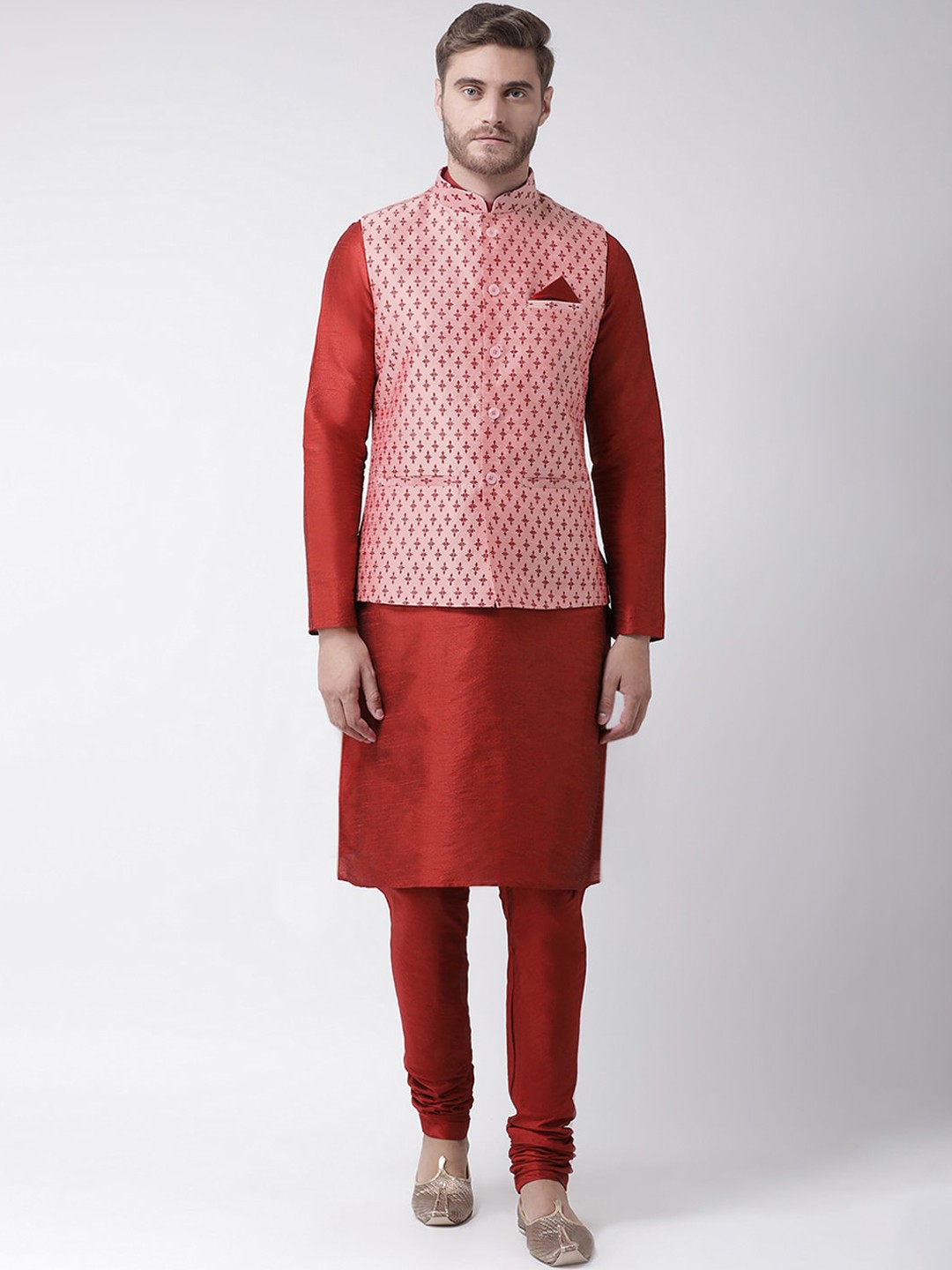

DEYANN Men Peach-Coloured Layered Dupion Silk Kurta with Churidar