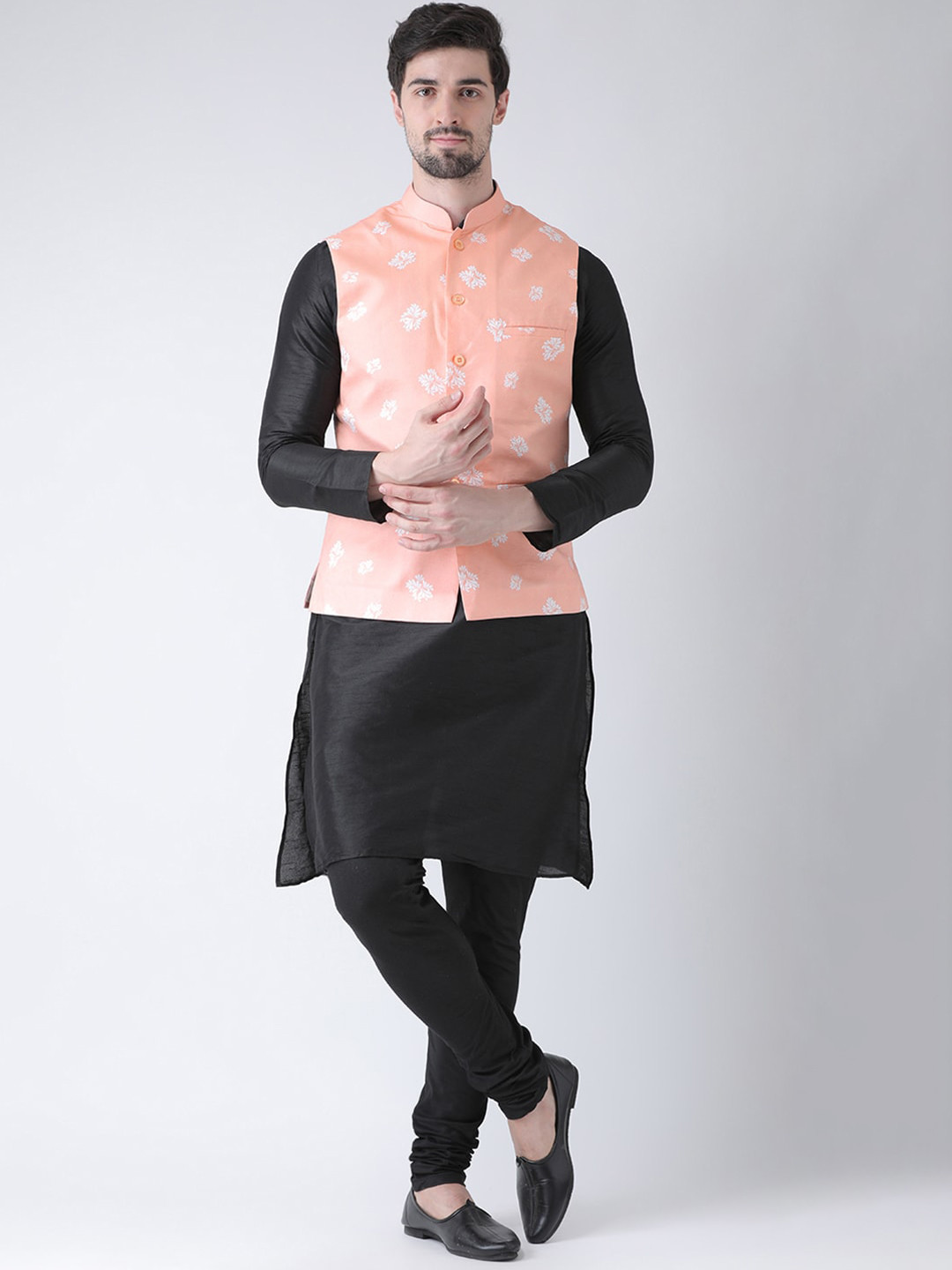 

DEYANN Men Peach-Coloured Floral Layered Dupion Silk Kurta with Churidar