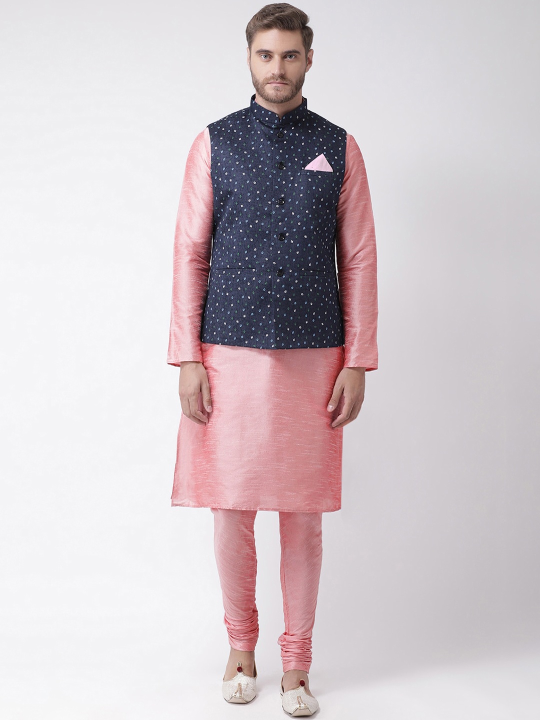 

DEYANN Men Navy Blue Dupion Silk Kurta with Churidar