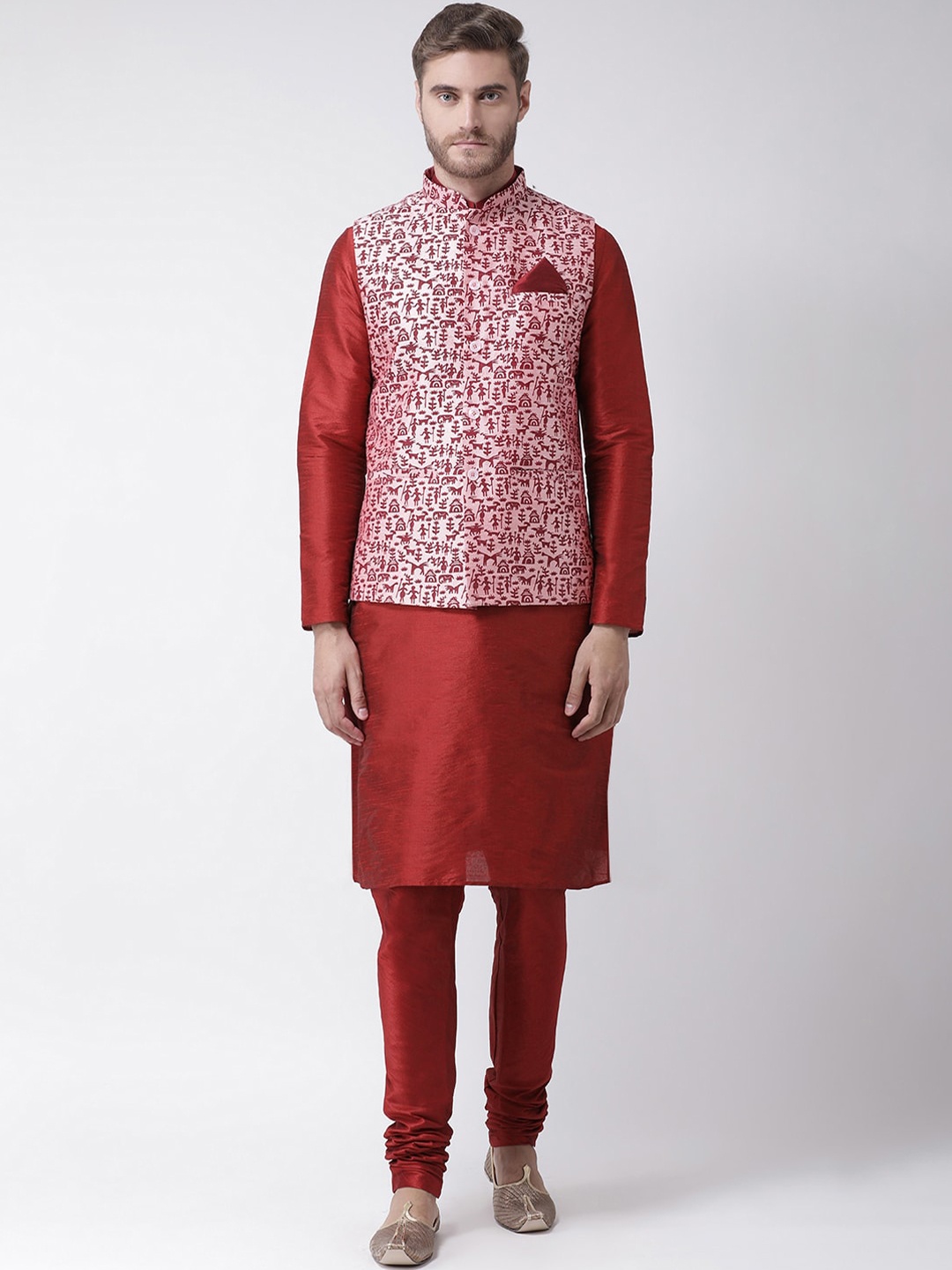 

DEYANN Men Peach-Coloured Paisley Dupion Silk Kurta with Churidar