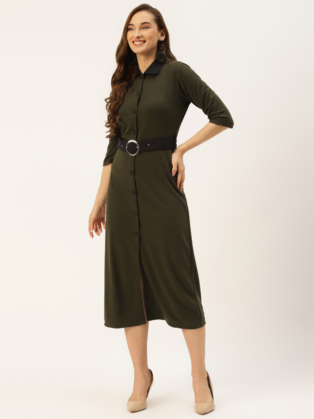 

Alsace Lorraine Paris Olive Green Shirt Midi Dress with Belt