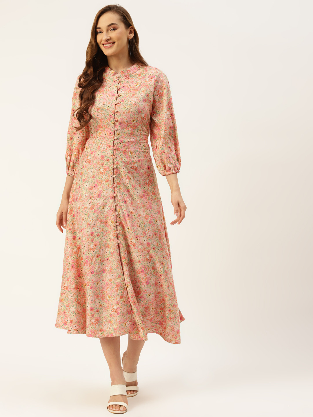 

Alsace Lorraine Paris Peach-Coloured & Green Floral A-Line Midi Dress