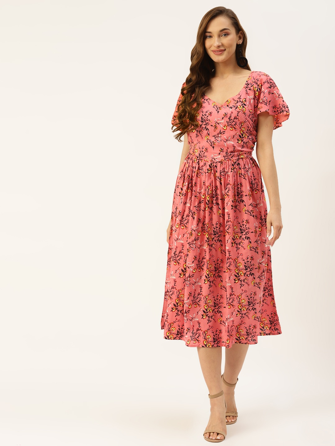 

Alsace Lorraine Paris Women Coral Floral Printed A-Line Midi Dress