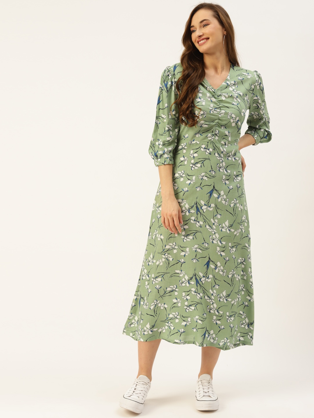 

Alsace Lorraine Paris Women Green & White Floral Printed A-Line Midi Dress