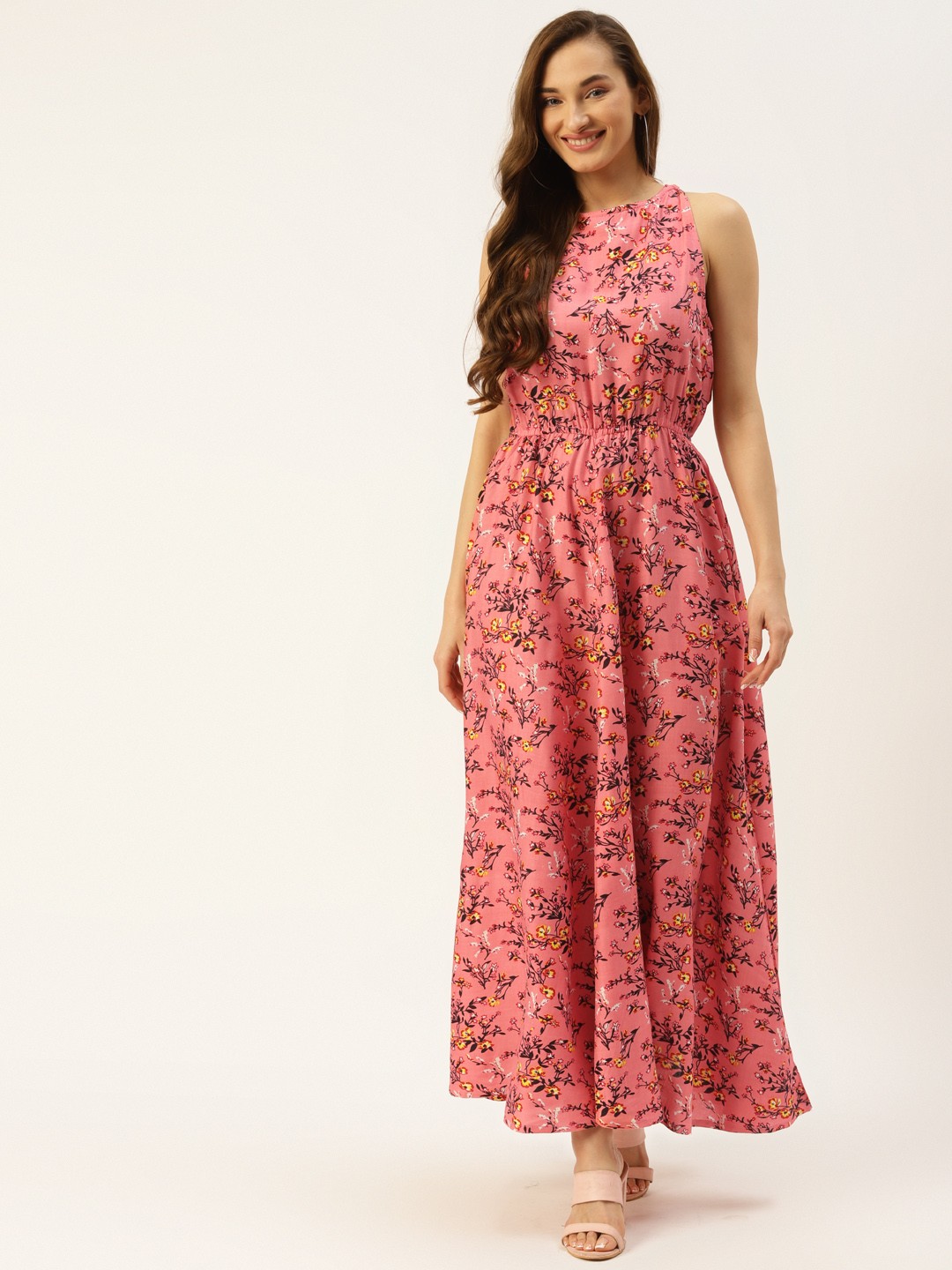 

Alsace Lorraine Paris Women Dusty Pink & Black Floral Printed A-Line Maxi Dress, Rose