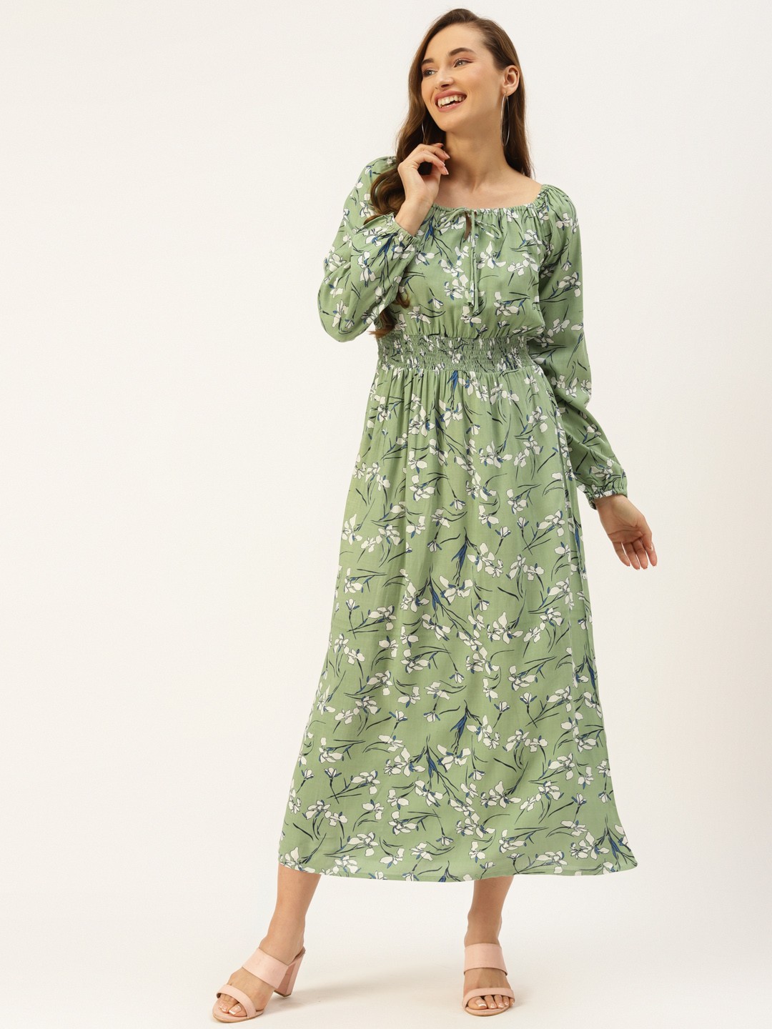 

Alsace Lorraine Paris Women Green & White Floral Printed Tie-Up Neck A-Line Midi Dress