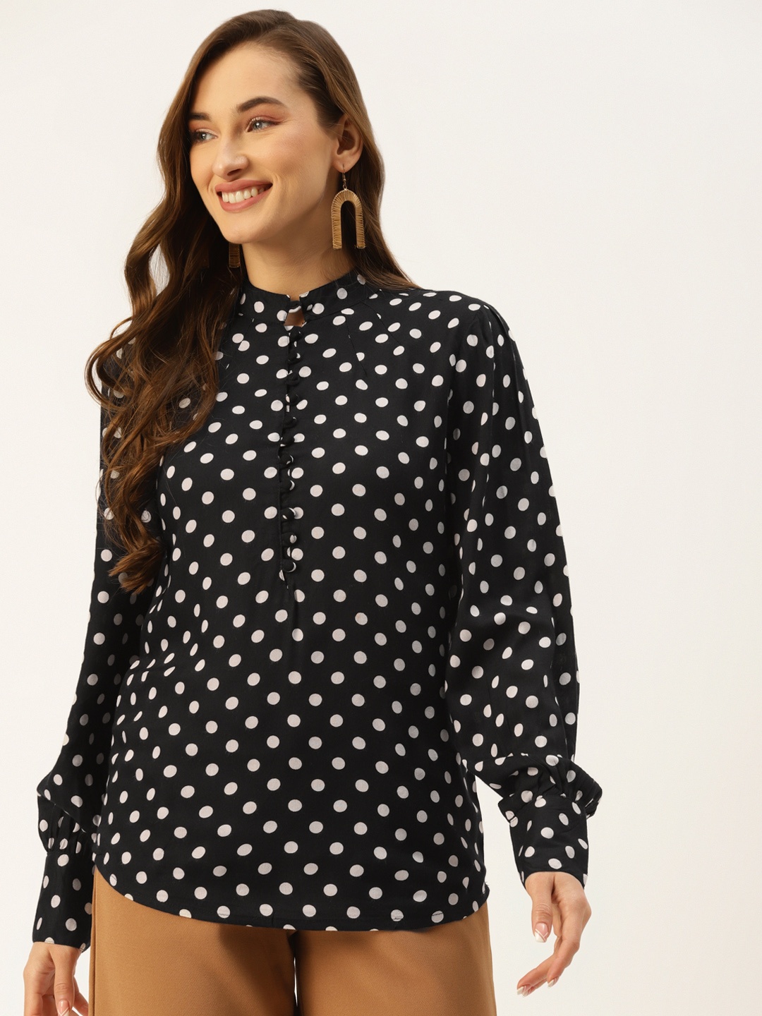 

Alsace Lorraine Paris Black Printed Mandarin Collar Top