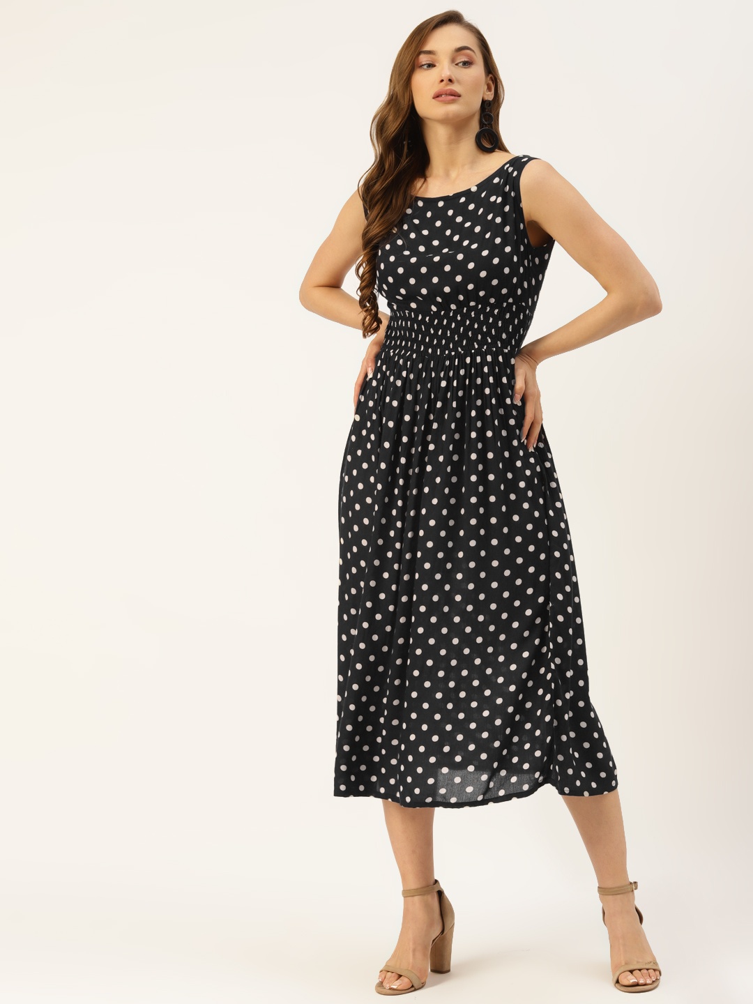 

Alsace Lorraine Paris Women Black & White Polka Dots Smocked A-Line Midi Dress
