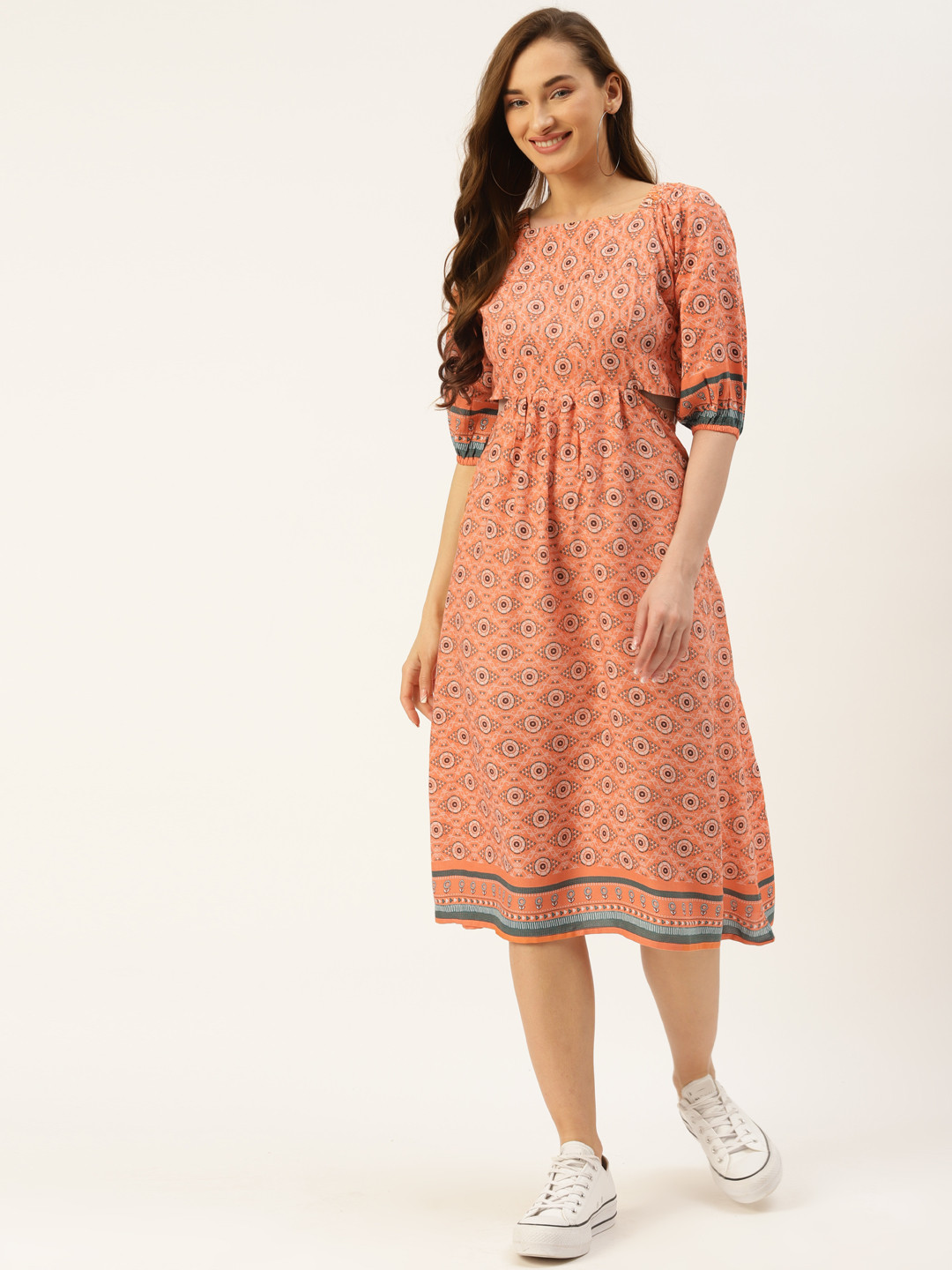 

Alsace Lorraine Paris Women Peach-Coloured Geometric Print A-Line Midi Dress