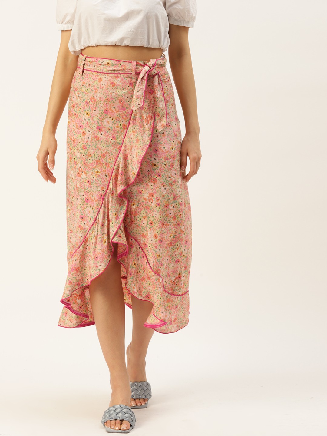 

Alsace Lorraine Paris Women Pink Floral Print Wrap Midi Skirt