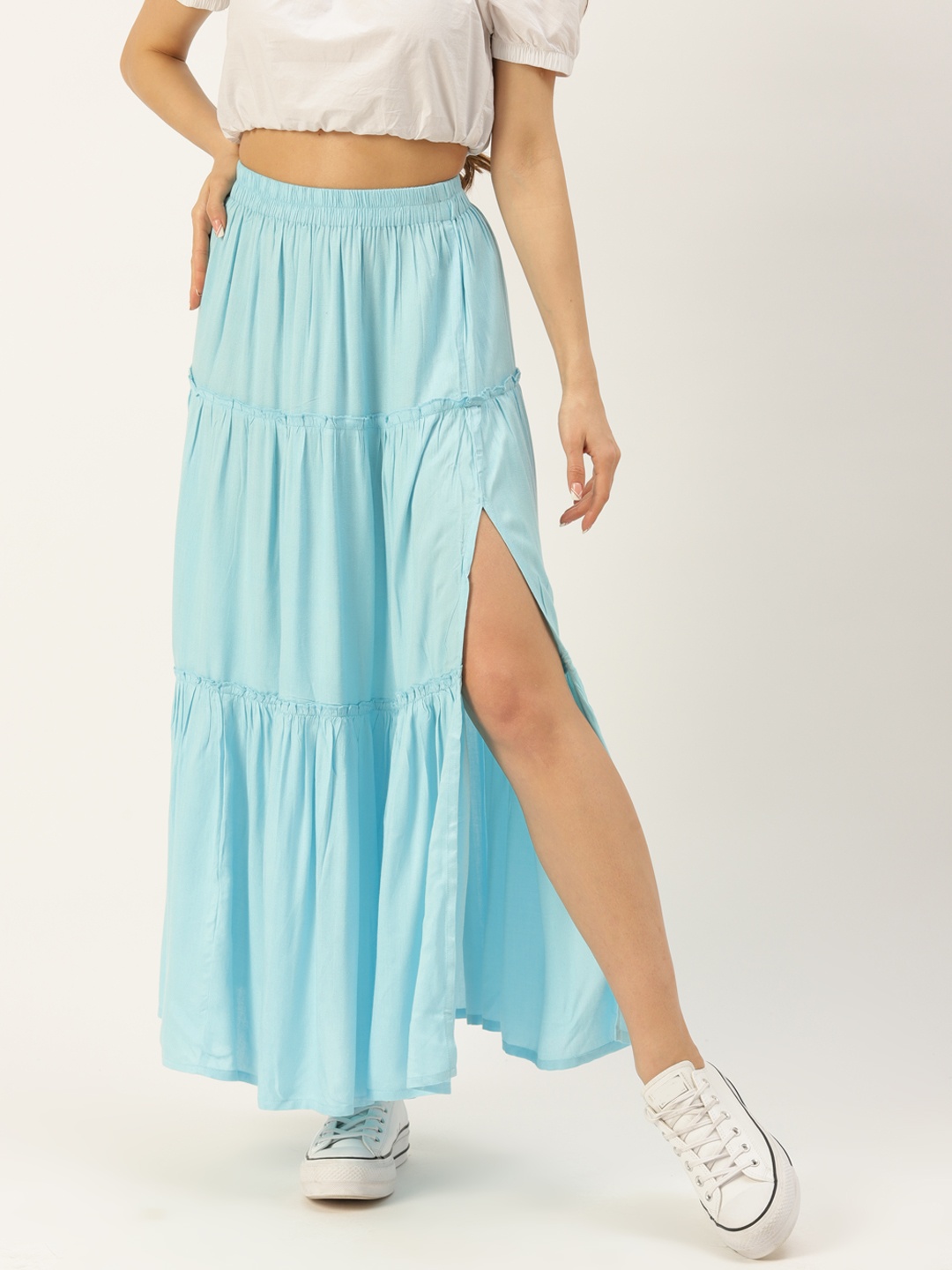 

Alsace Lorraine Paris Women Blue Side Slit Tiered A-Line Maxi Skirt