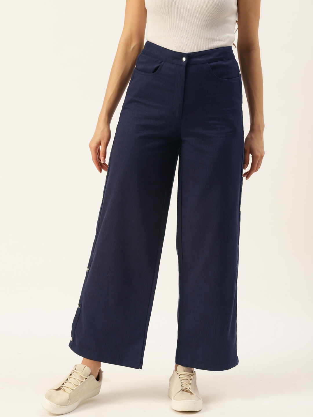 

Alsace Lorraine Paris Women Navy Blue Solid Flared High-Rise Trousers