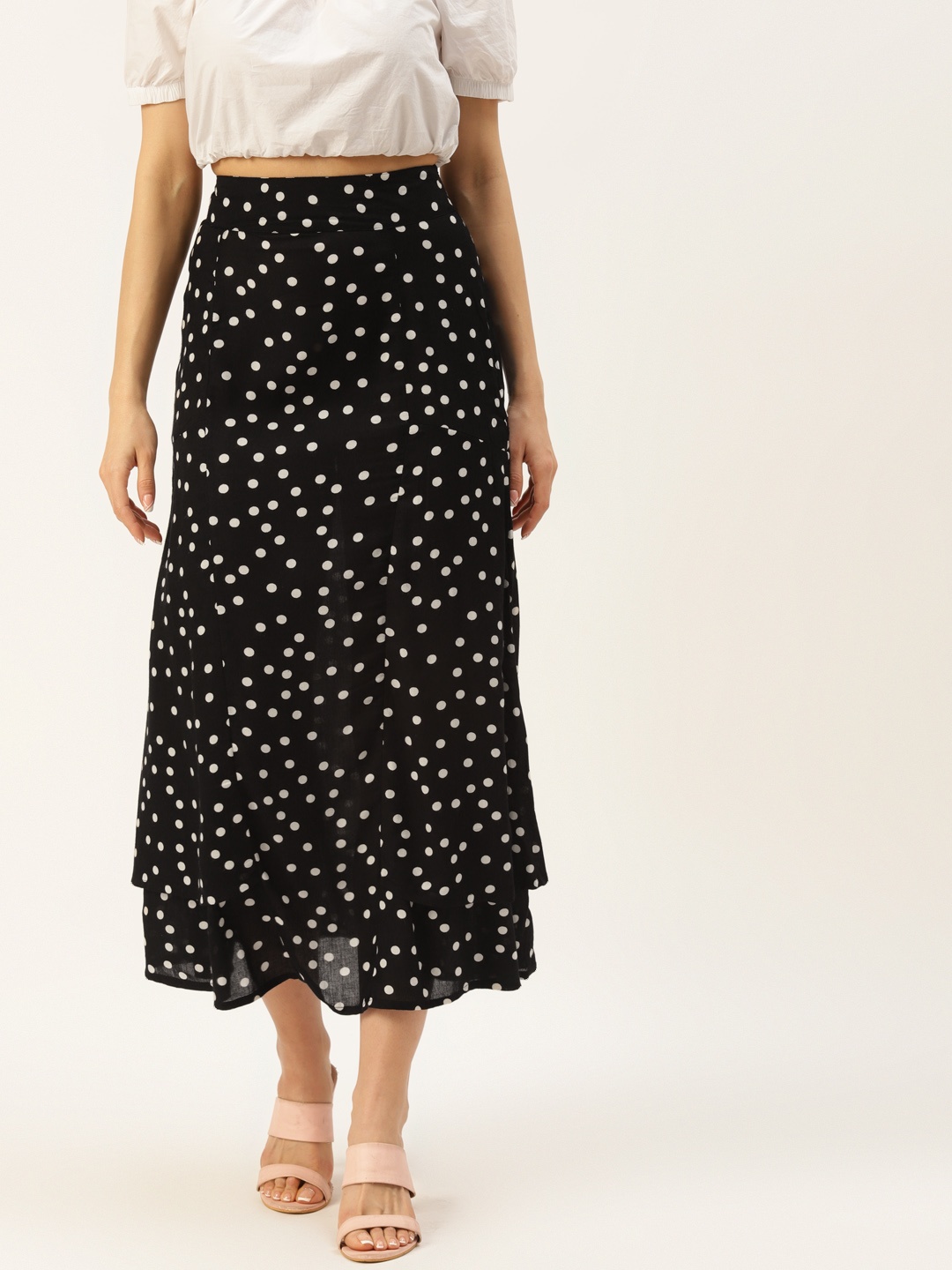 

Alsace Lorraine Paris Women Black & White Polka Dot Print Tiered A-line Midi Skirt