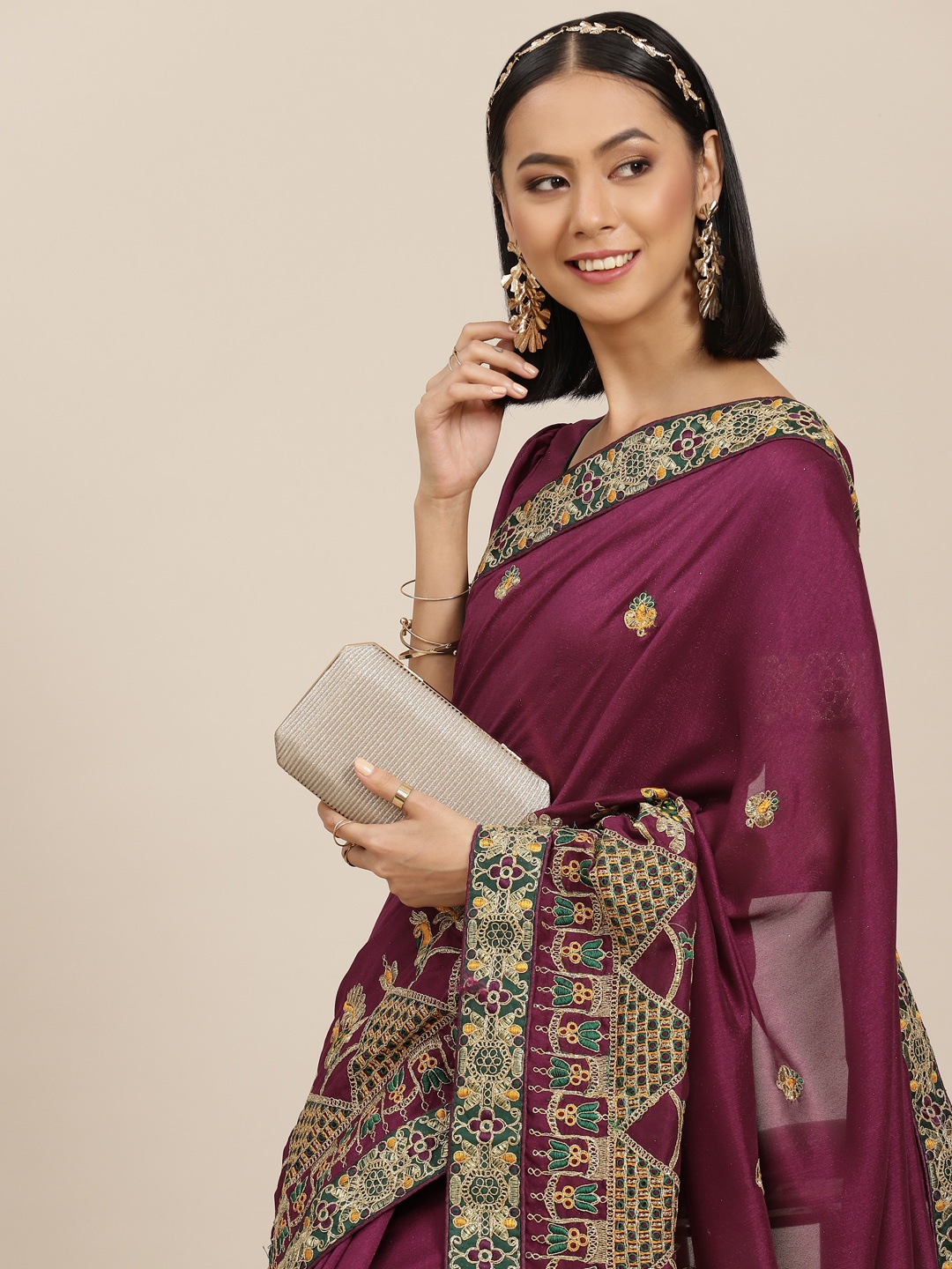 

RAJGRANTH Women Burgundy & Beige Ethnic Motifs Embroidered Zari Silk Blend Saree