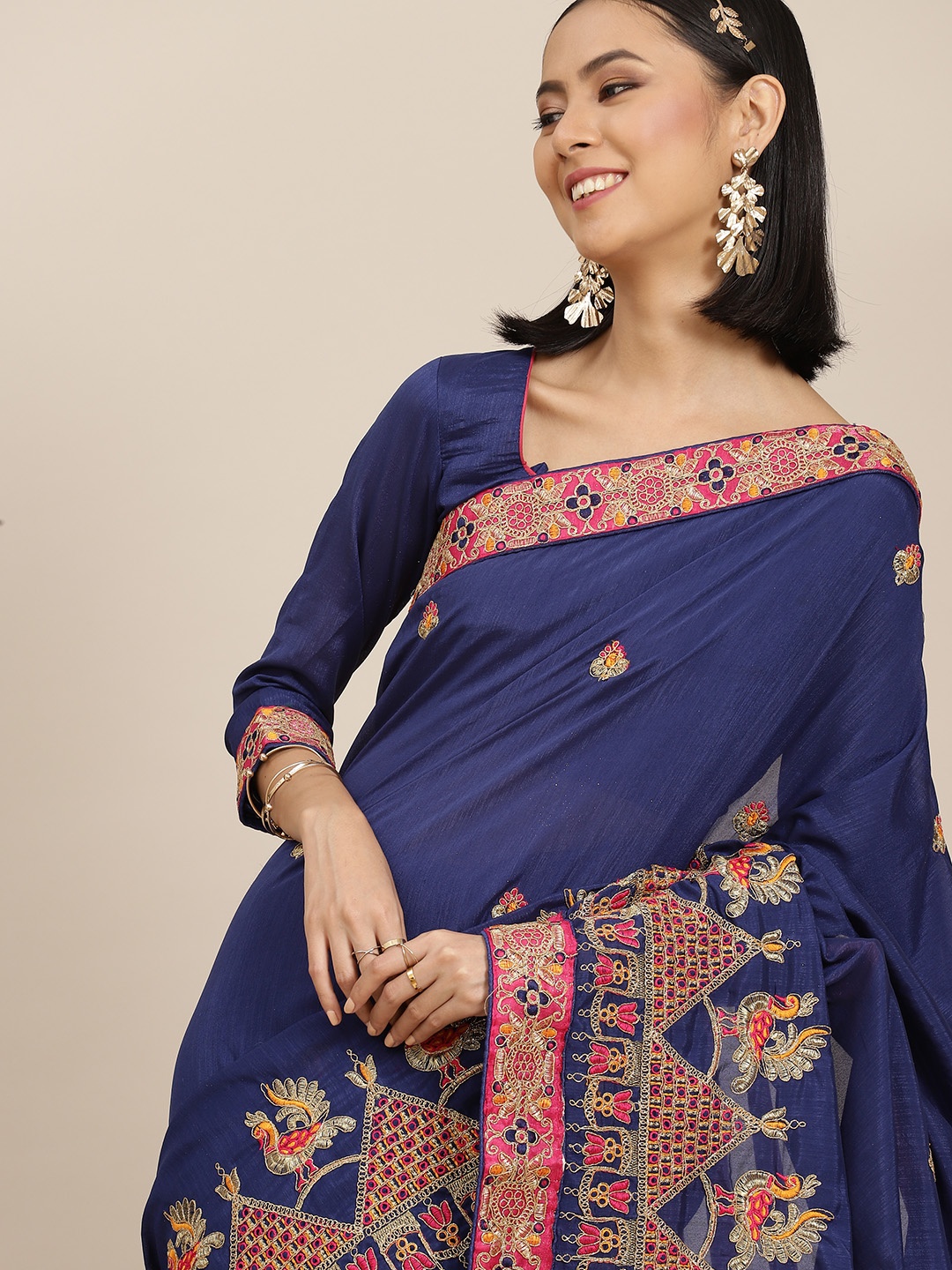 

RAJGRANTH Blue Ethnic Motifs Embroidered Silk Blend Saree