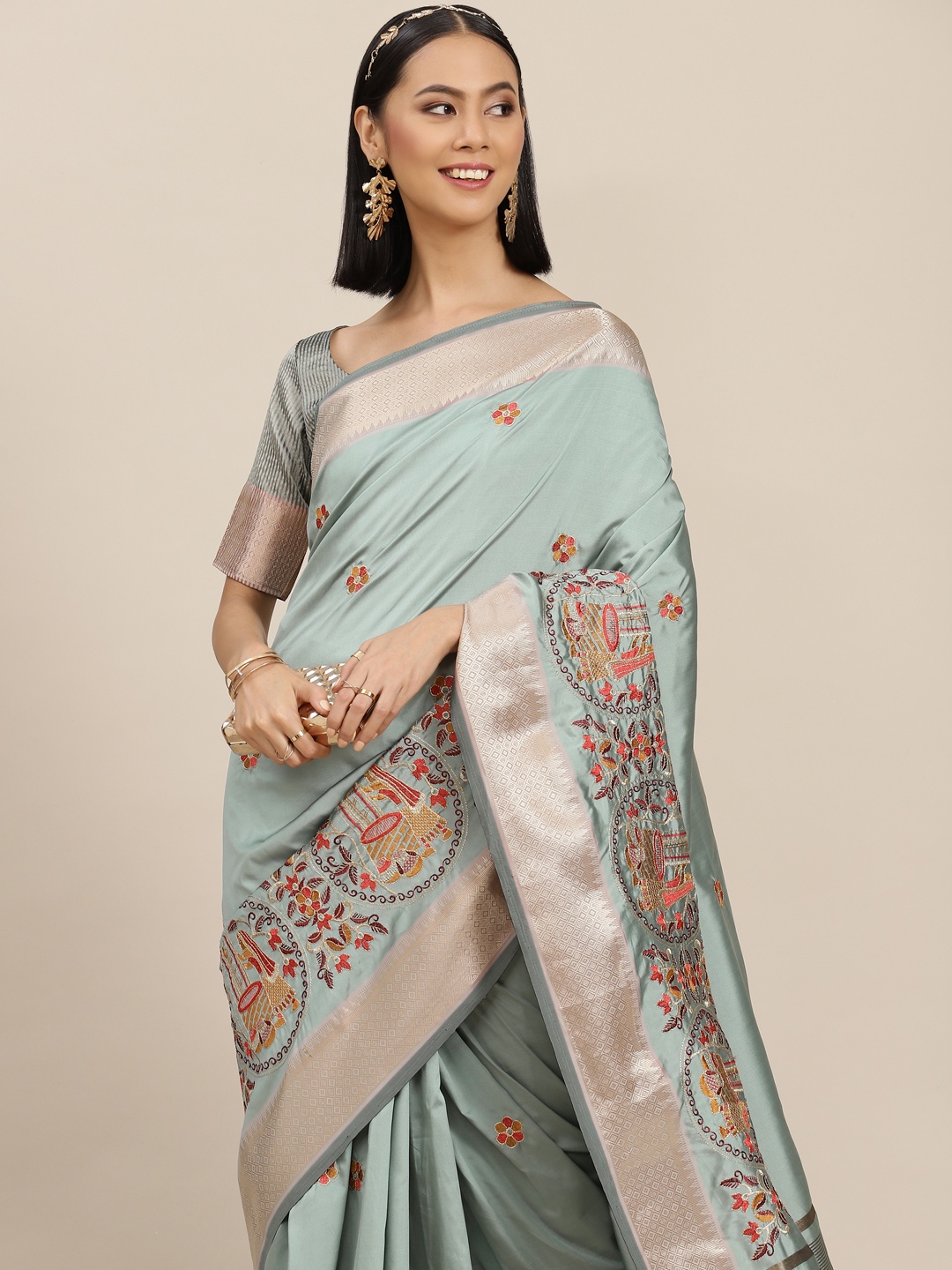 

RAJGRANTH Sea Green Ethnic Motifs Zari Silk Cotton Saree